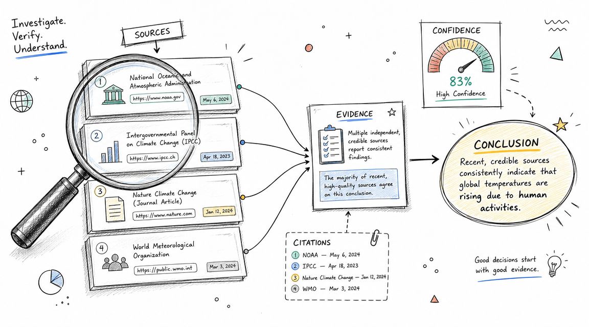 A diagram illustrating the process of verifying climate change findings through multiple credible data sources and evidence.