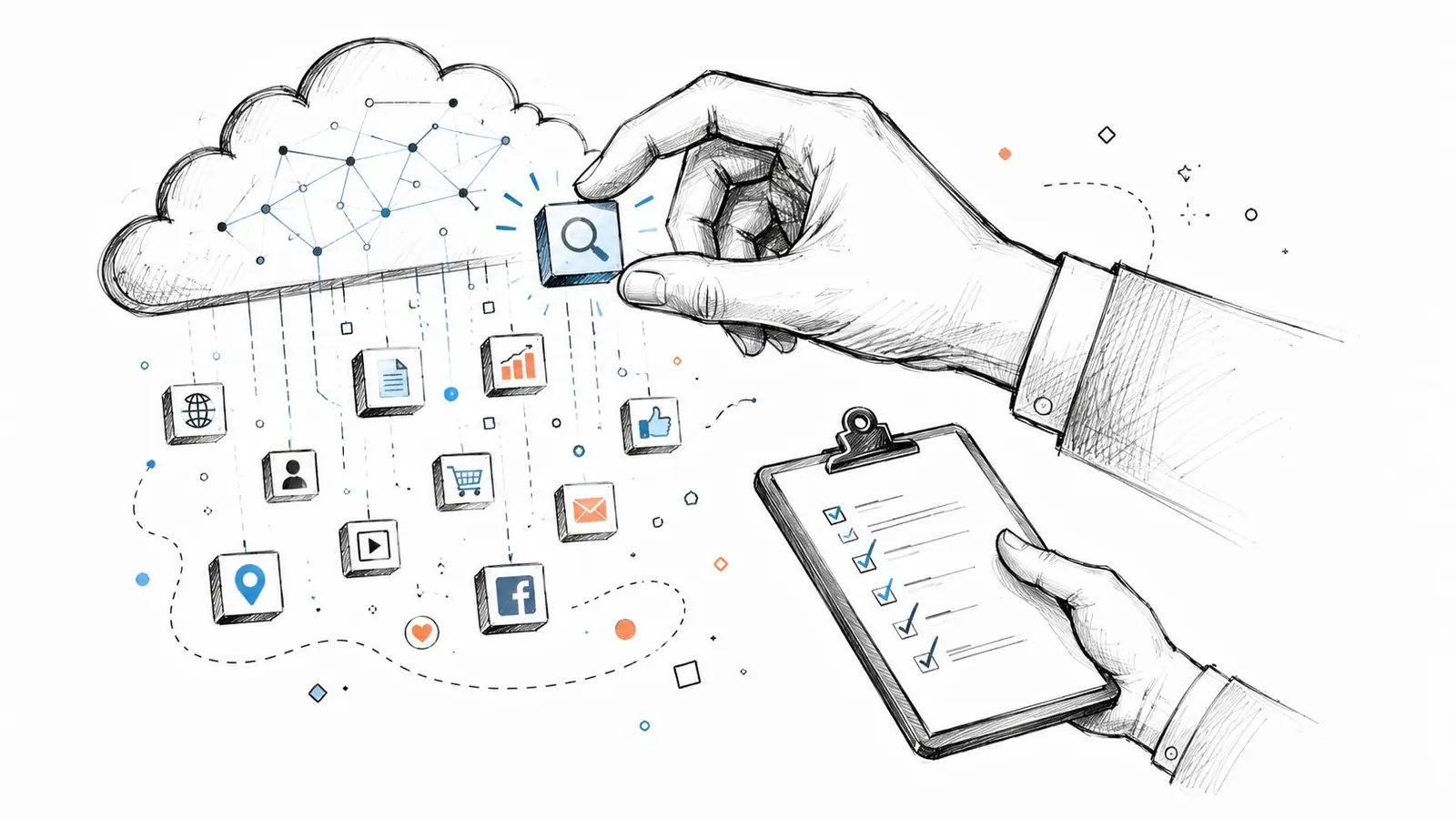 A hand placing a search icon block into a cloud network with various digital icons and a checklist.