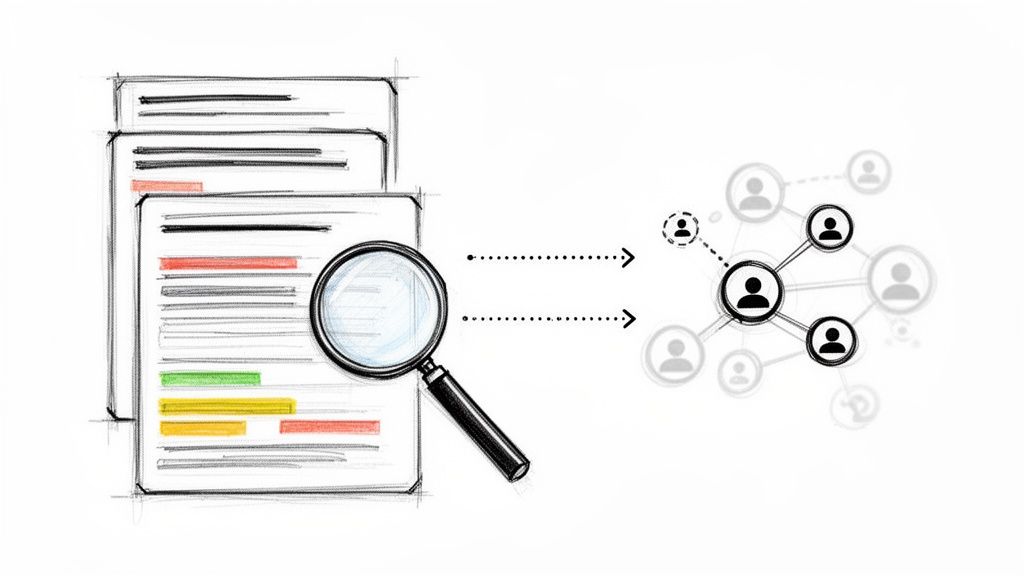 Illustration of documents being analyzed with a magnifying glass to reveal connections in a people network.