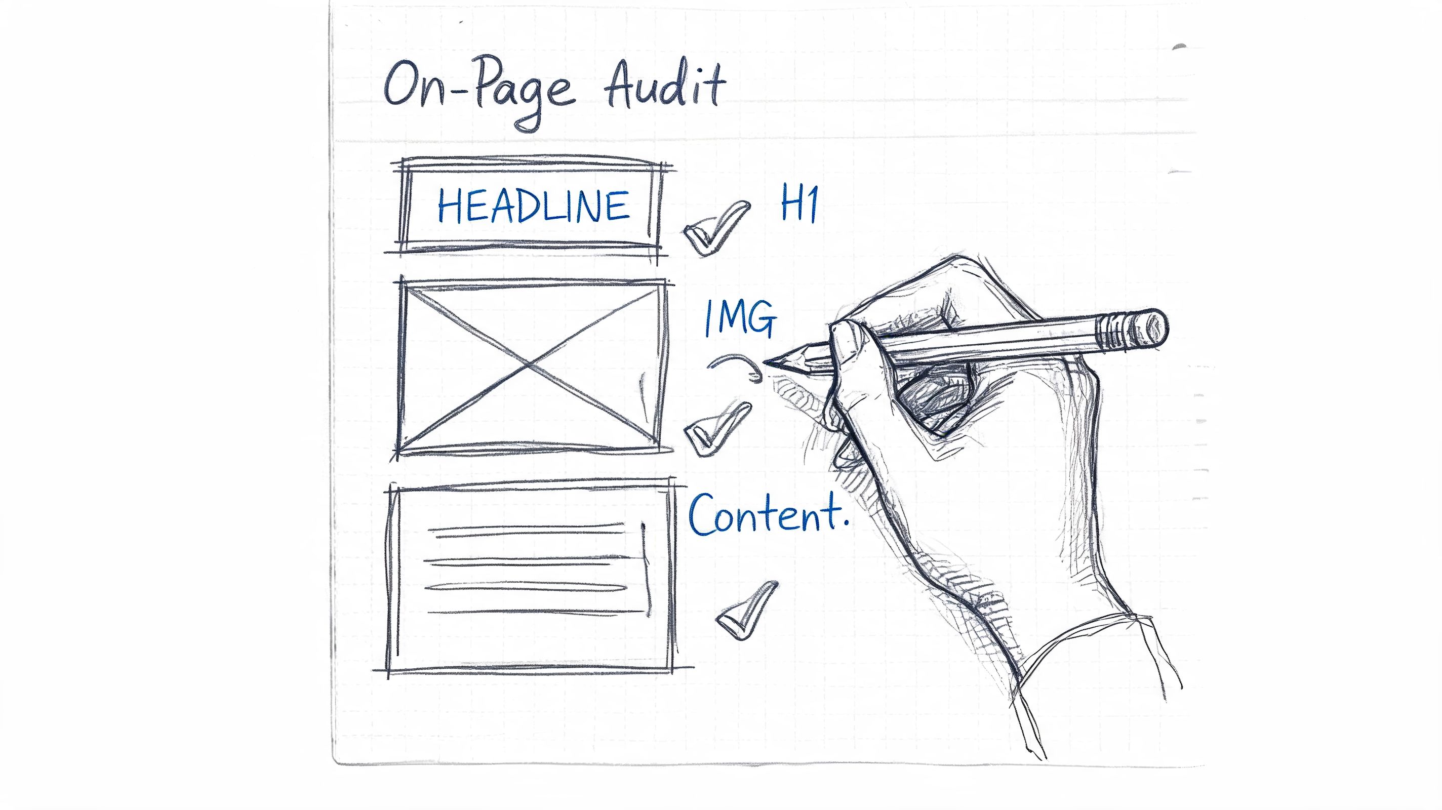 A hand-drawn sketch showing an On-Page SEO audit checklist with checkmarks next to headline, image, and content elements.