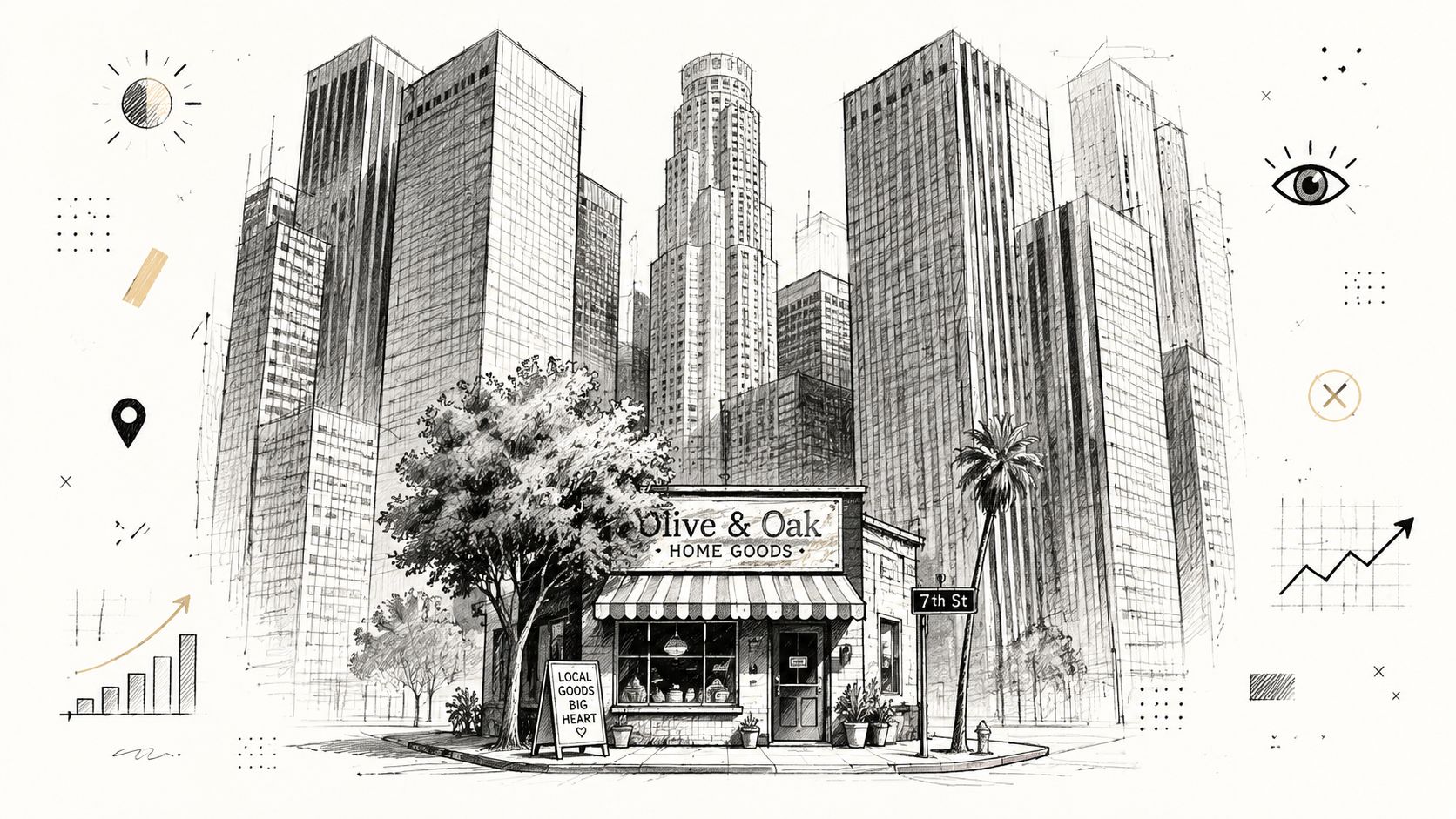 A pencil sketch of a small Olive and Oak shop nestled between tall modern Los Angeles skyscrapers.