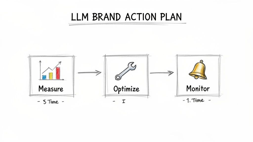 A diagram illustrating the LLM Brand Action Plan with three sequential steps: Measure, Optimize, and Monitor.