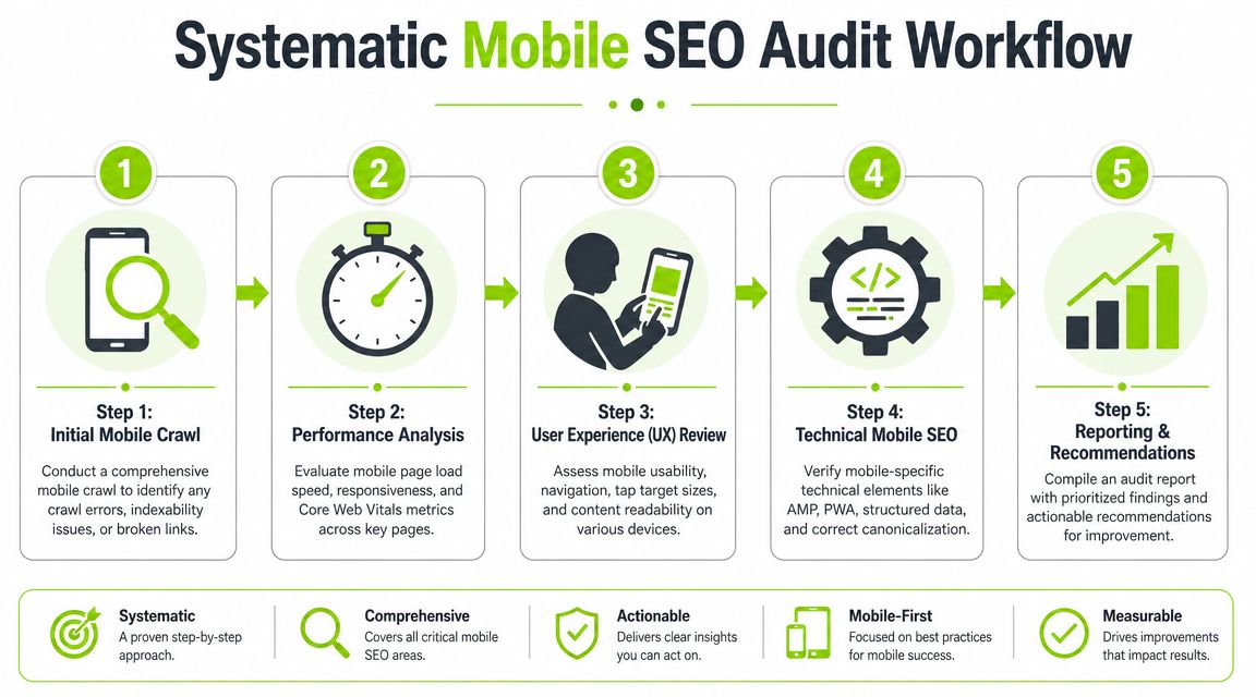 An infographic showing a five-step systematic mobile SEO audit workflow process for optimizing mobile websites.