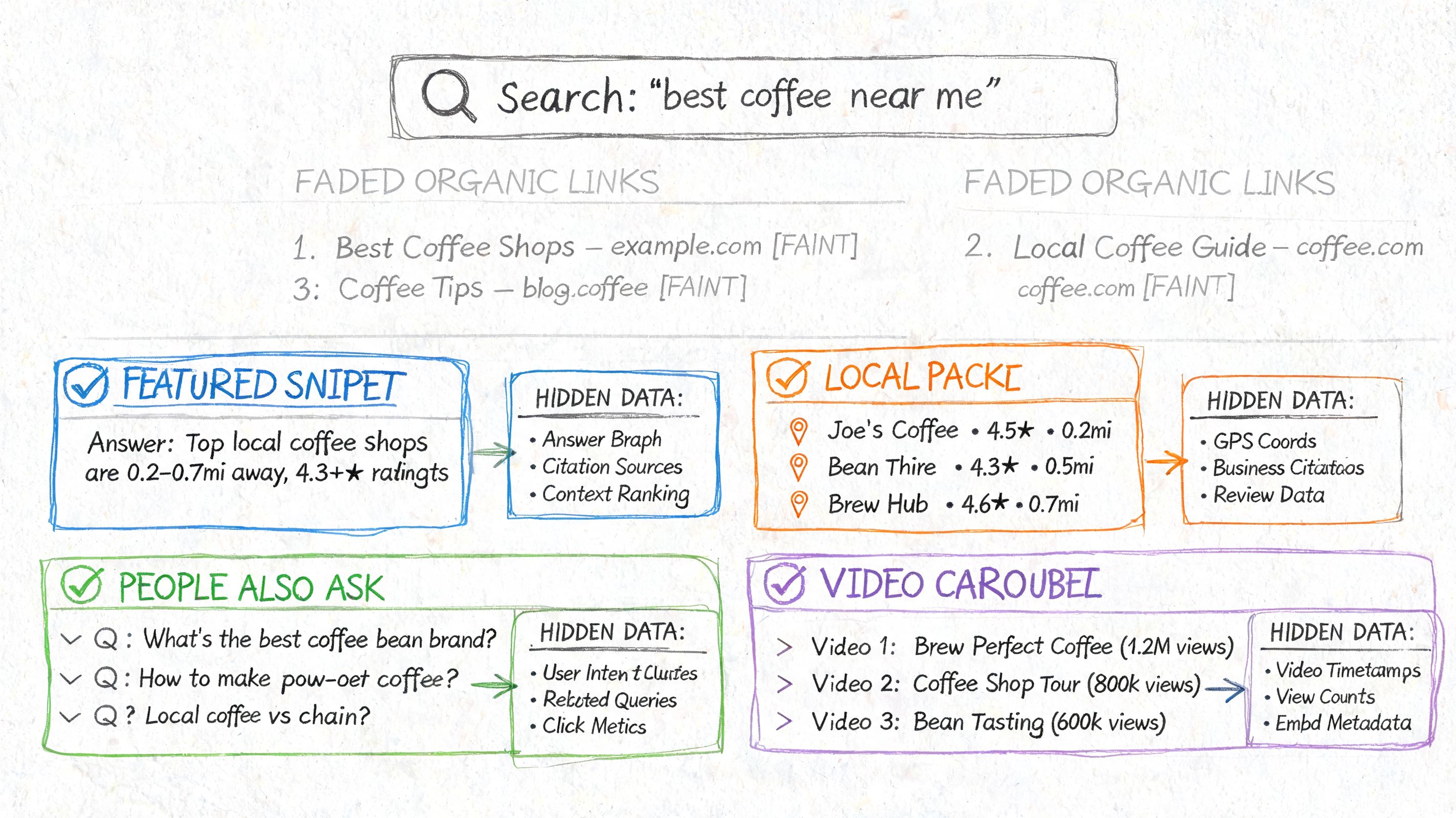 A hand-drawn diagram illustrating various elements of a search engine results page for a local query.