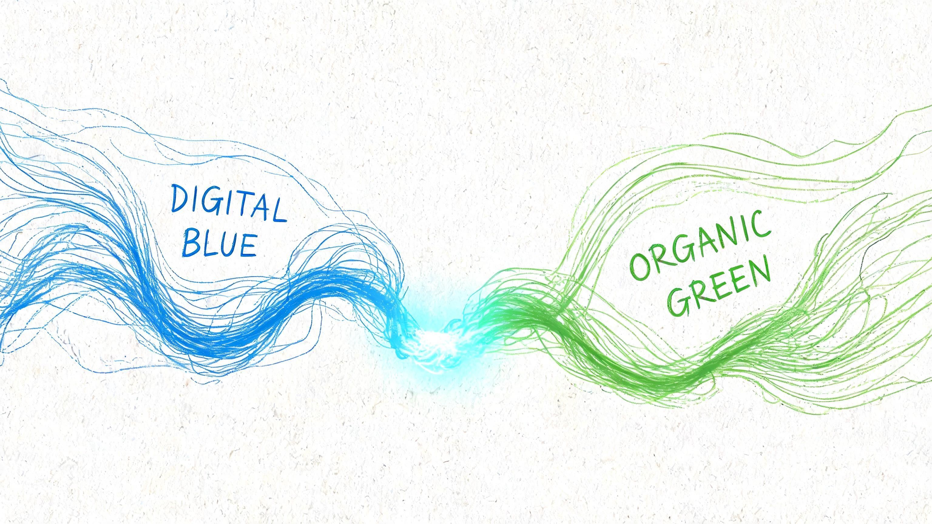 Conceptual art showing blue digital lines merging with green organic lines meeting in a central light burst.