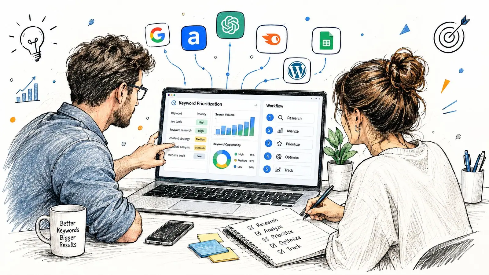 A professional man and woman collaborating on an SEO strategy using a laptop, icons, and planning notes.