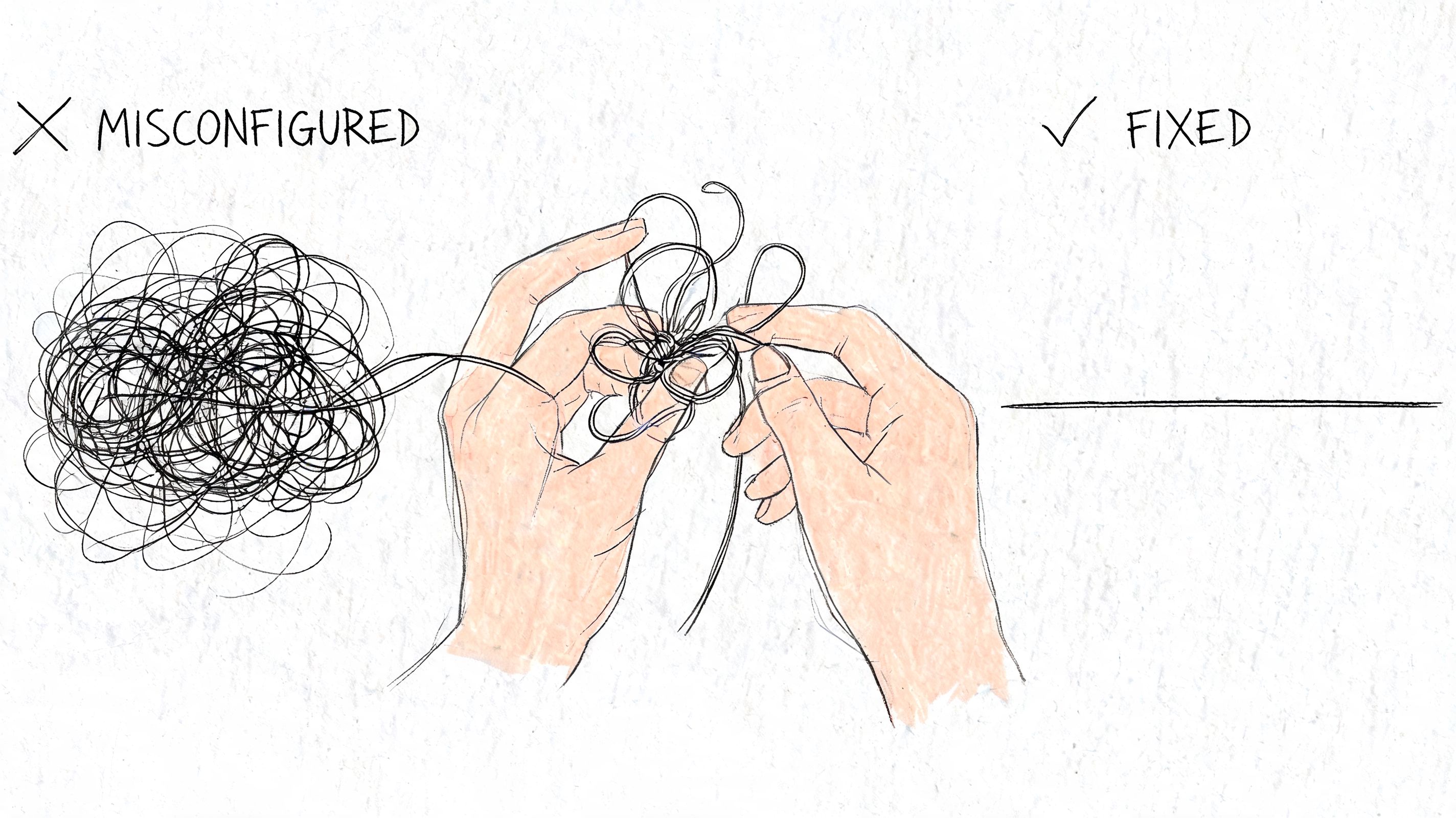 A hand-drawn illustration contrasting a tangled messy bundle of wire with a straight, organized line.