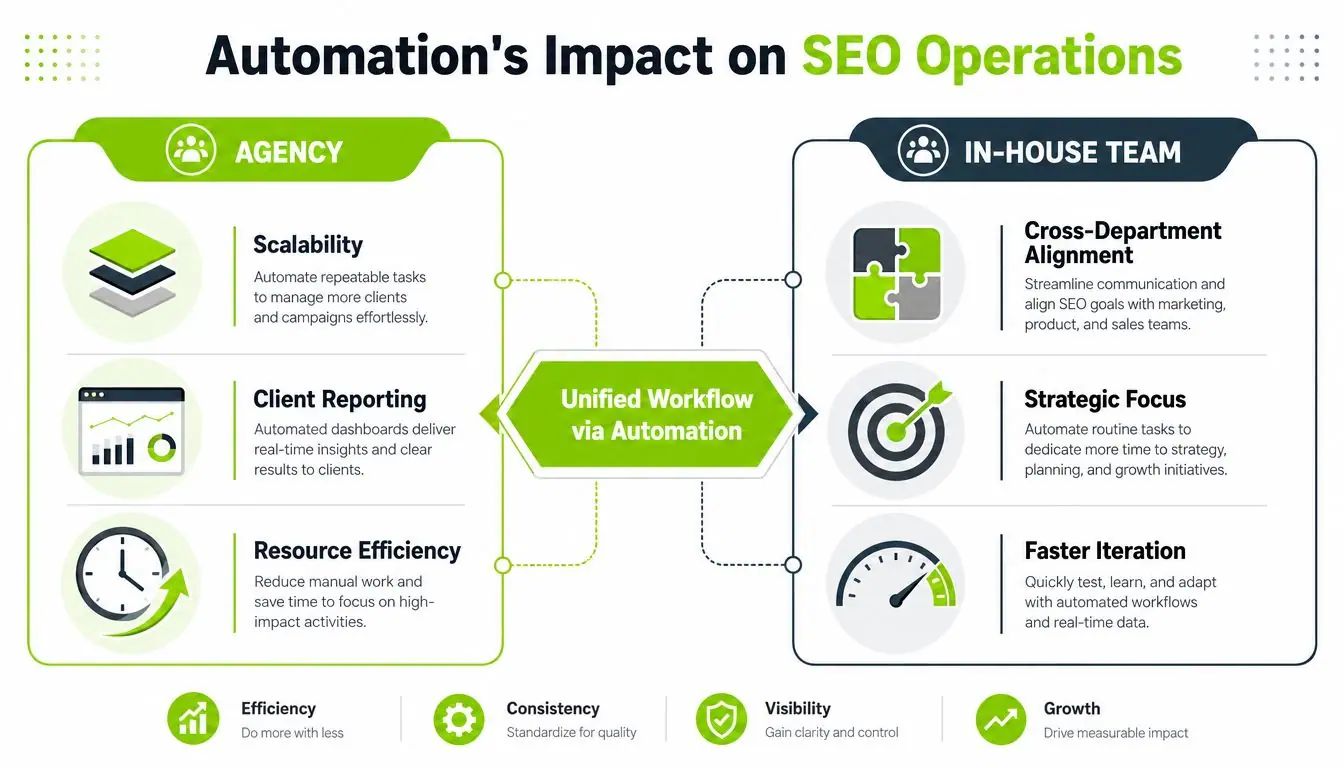 A diagram illustrating how automation benefits both SEO agencies and in-house teams for improved workflow efficiency.