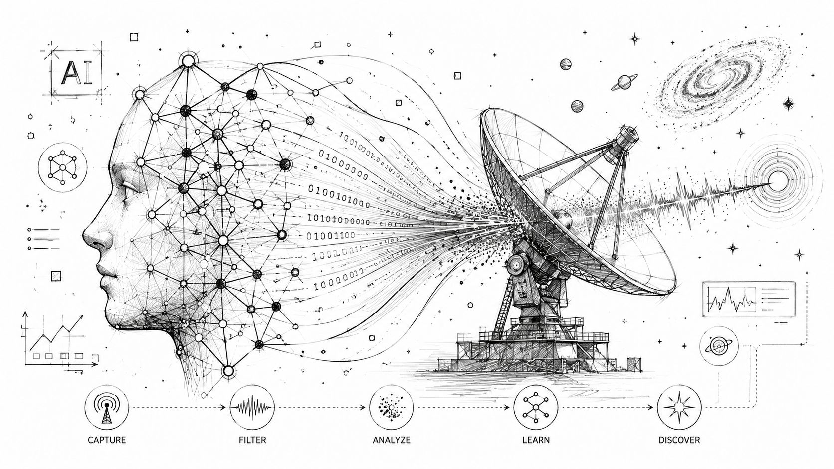 A conceptual sketch illustrating AI processing cosmic data from a satellite dish to search for extraterrestrial intelligence.