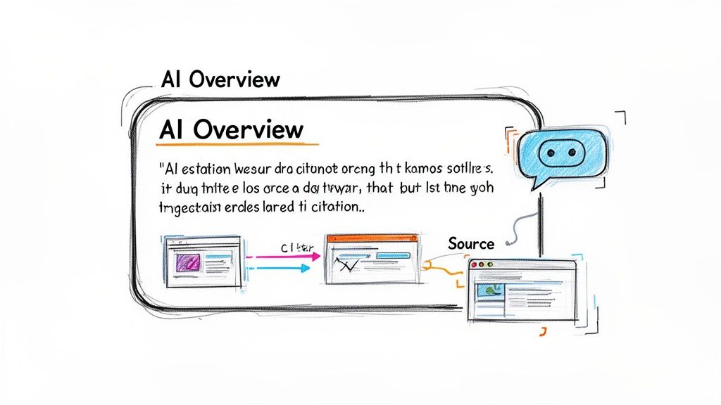 A hand-drawn illustration depicting an AI Overview interface showing how information sources are cited and referenced.