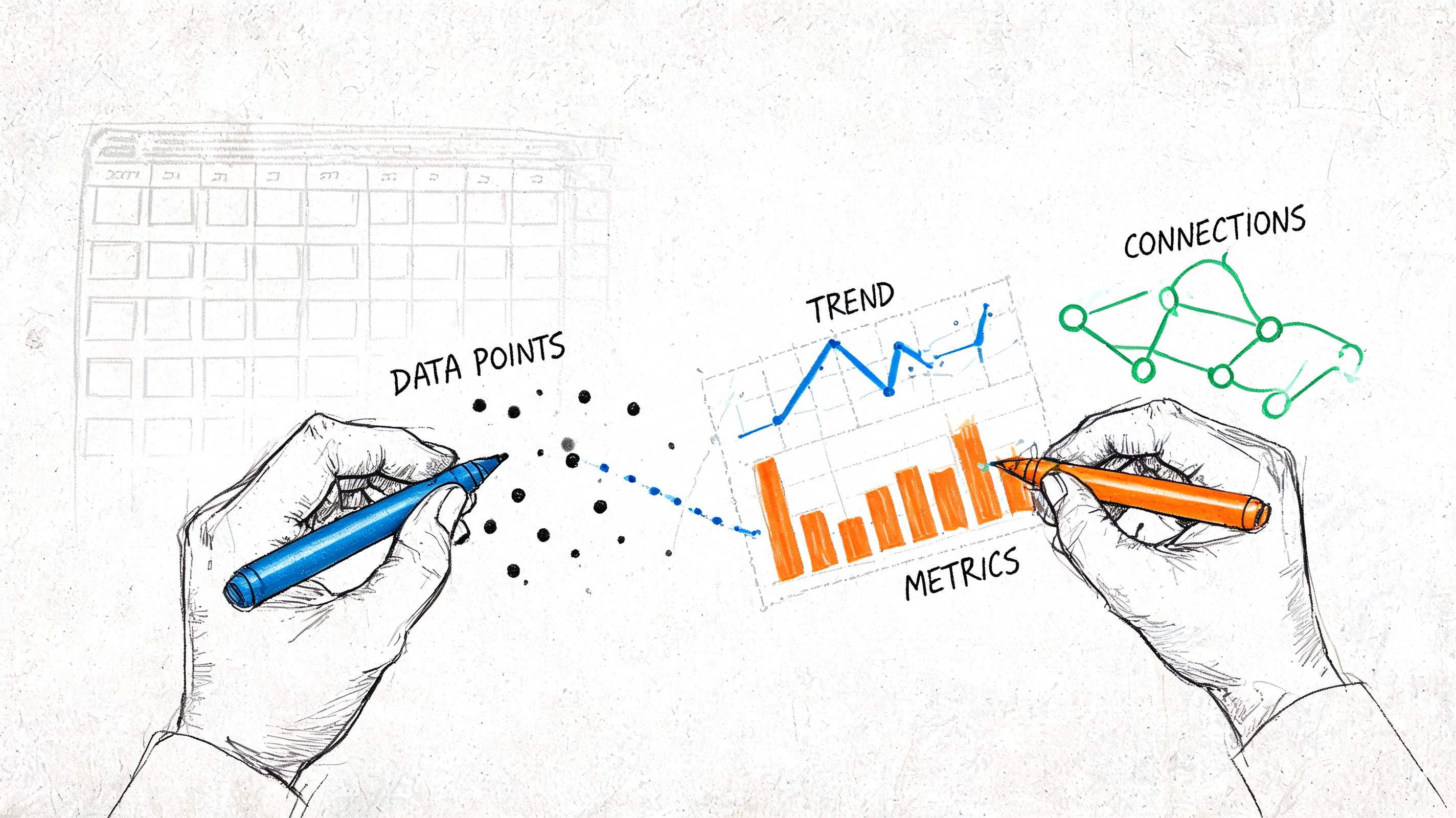 A hand-drawn illustration showing hands using pens to sketch data points, trend lines, metrics, and network connections.