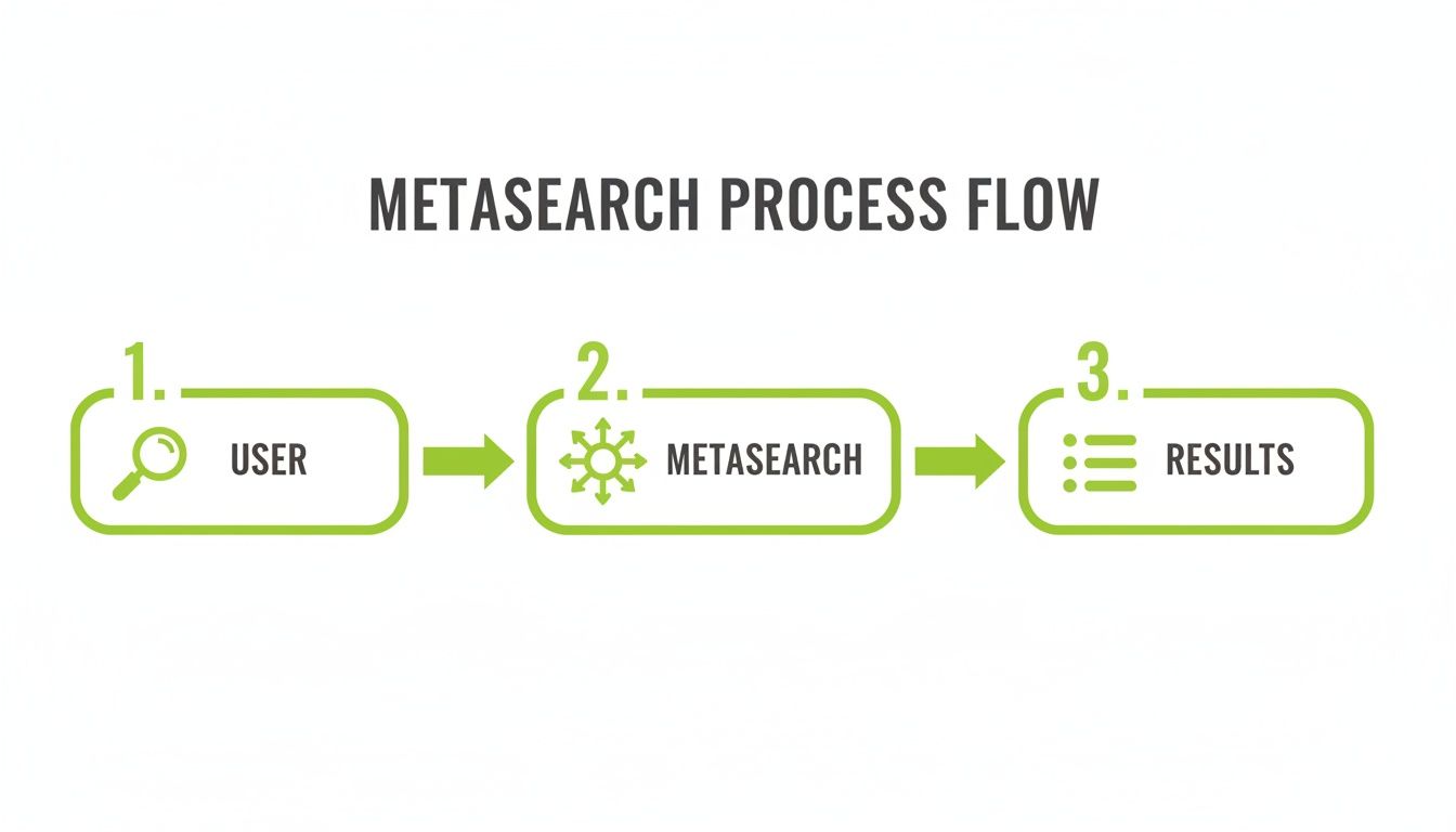 Flowchart illustrating the metasearch process: user initiates search, metasearch engine aggregates, and results are presented.