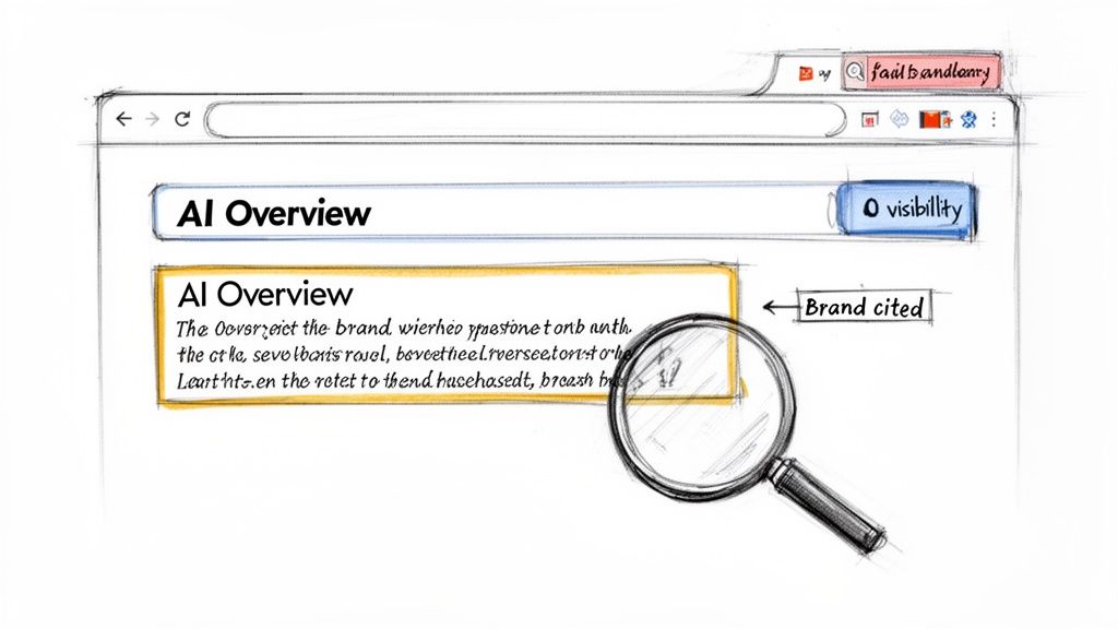 Sketch of a browser showing an 'AI Overview' search result with a magnifying glass.