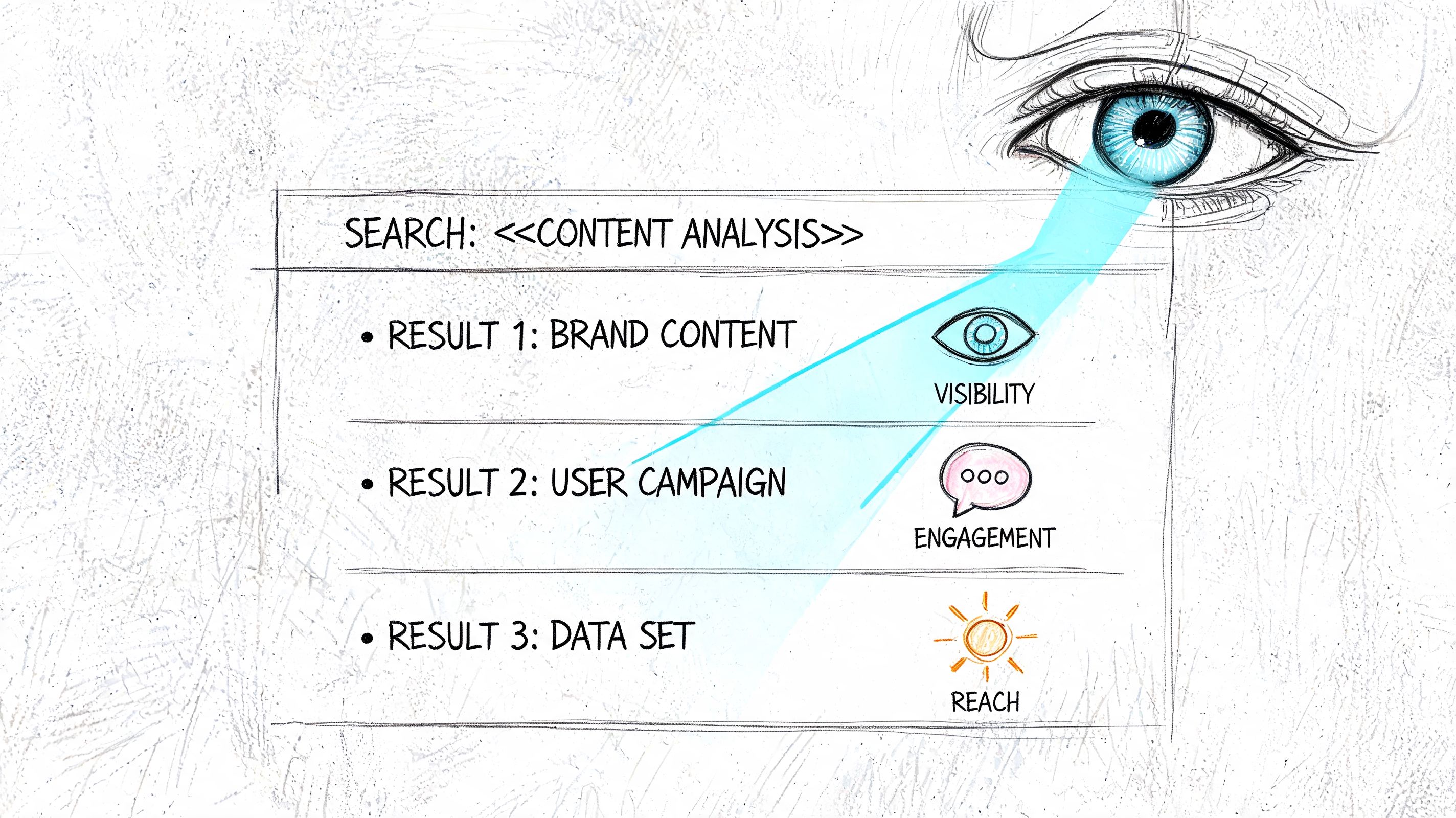 A hand-drawn illustration showing an eye analyzing a digital search results list for content analysis.