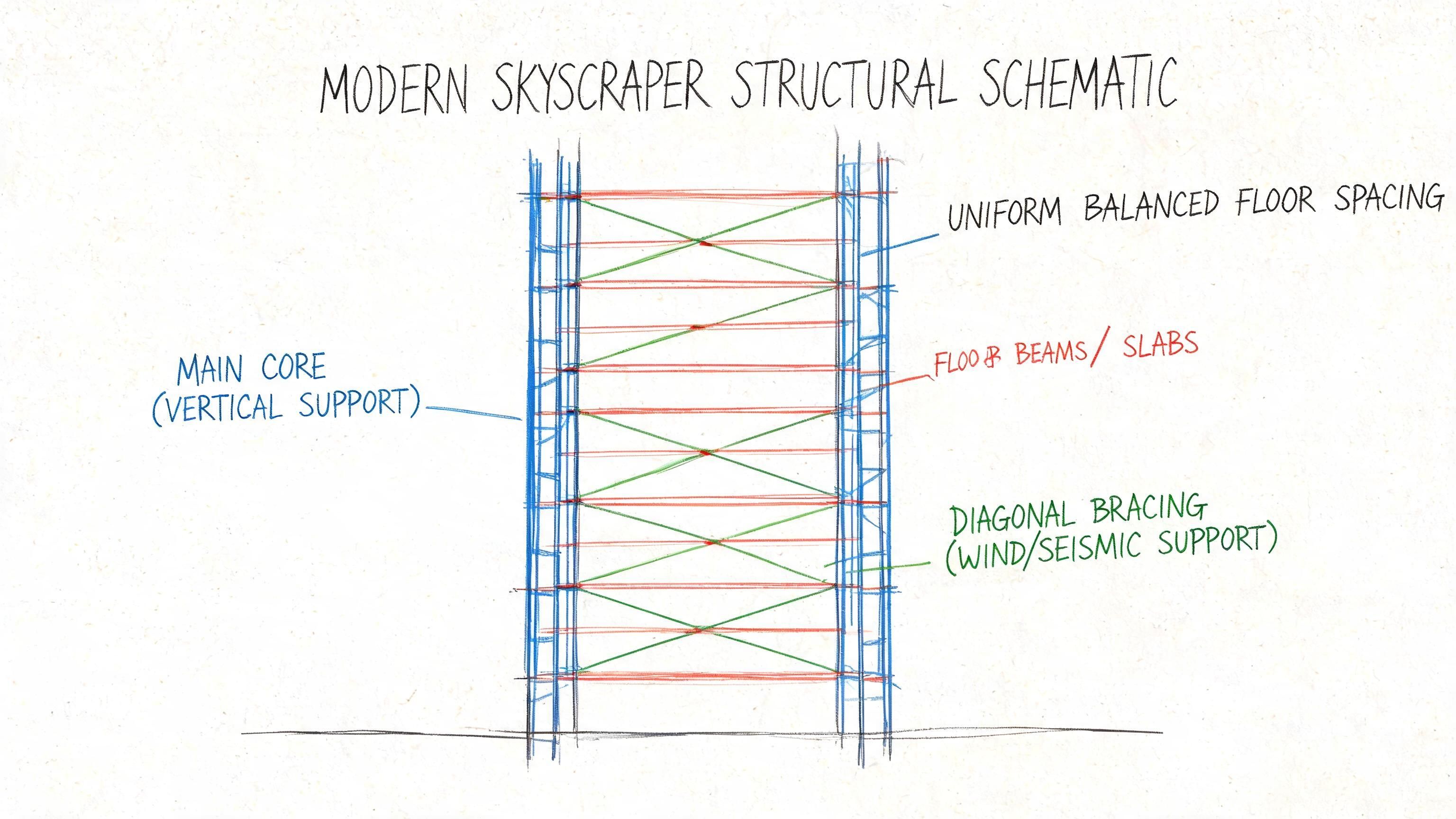 A structural engineering diagram showing a modern skyscraper schematic with vertical cores, floor beams, and diagonal bracing.
