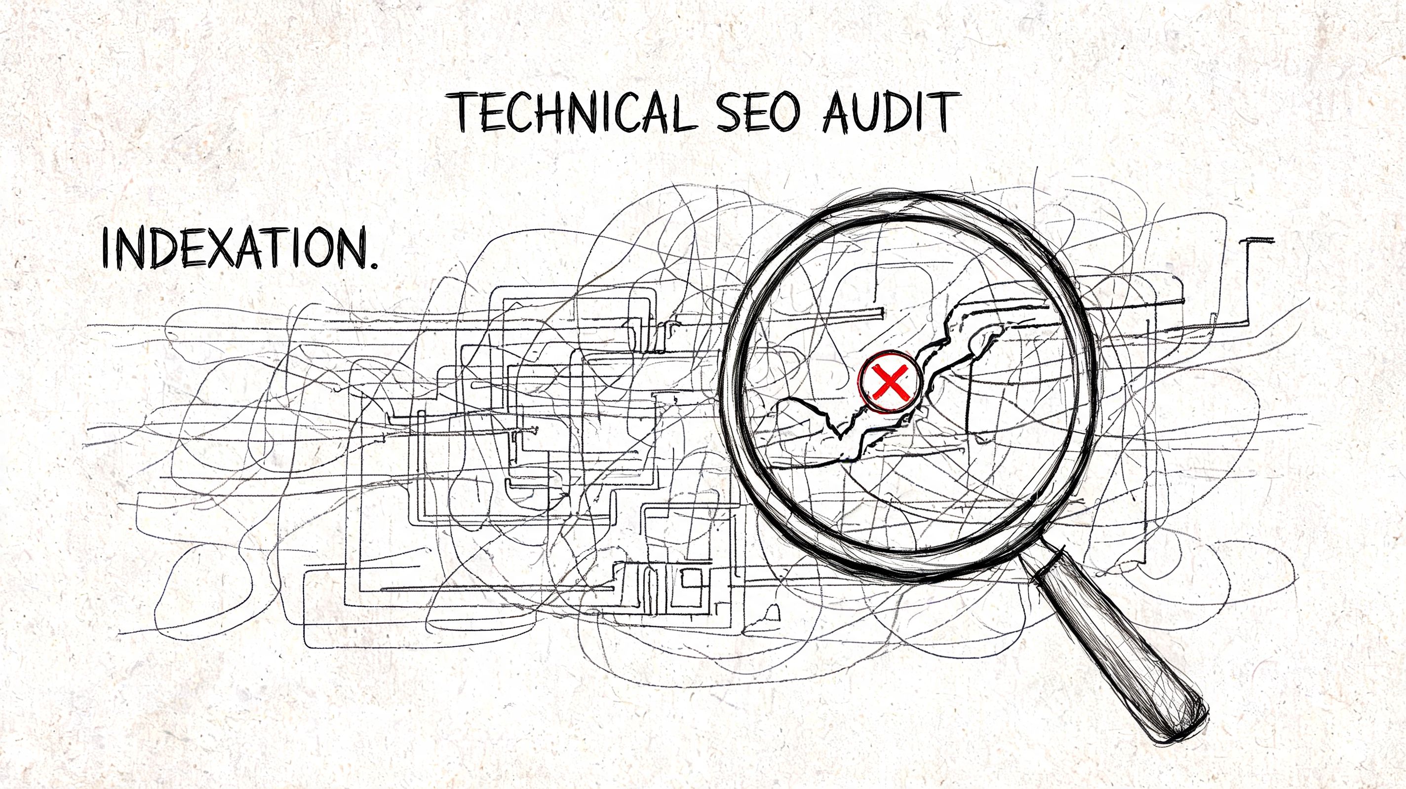 A hand-drawn illustration showing a magnifying glass over a tangled web representing a technical SEO audit.