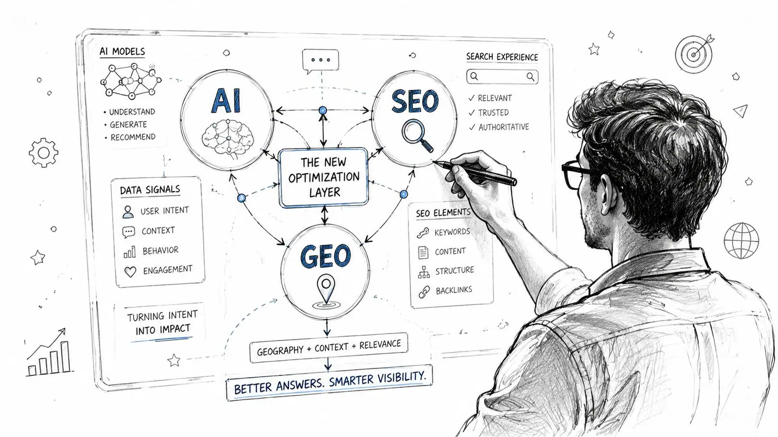 A person drawing a diagram illustrating the integration of AI, SEO, and Geo for search optimization strategies.