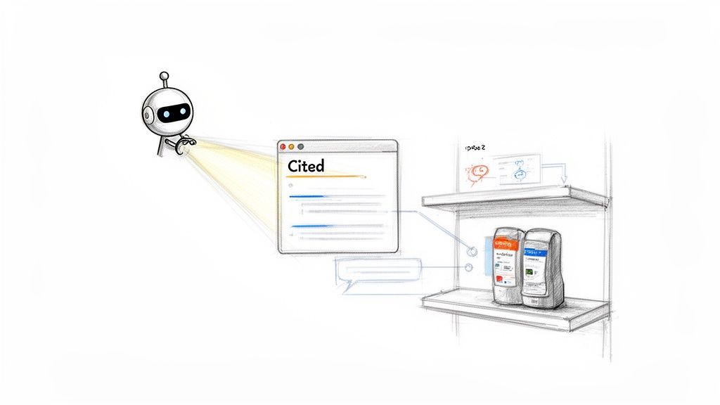 A robot shines a spotlight on a 'Cited' browser window, linked to data and physical objects.