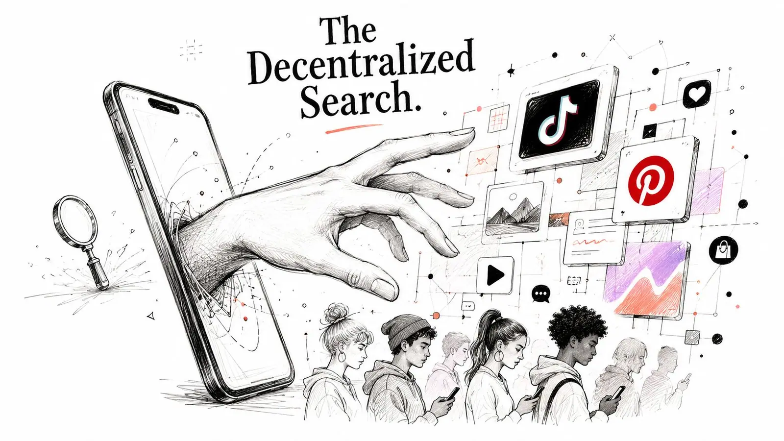 A hand emerging from a smartphone screen reaching for social media icons representing decentralized search trends.