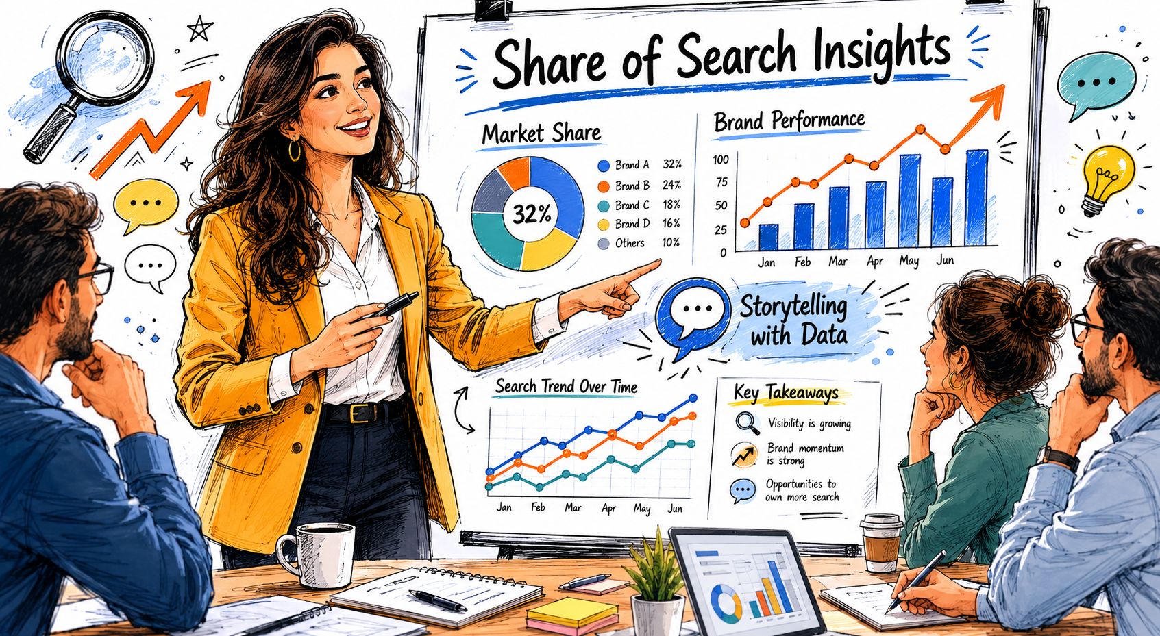 A professional woman presenting marketing data insights on a whiteboard to her team in a meeting room.