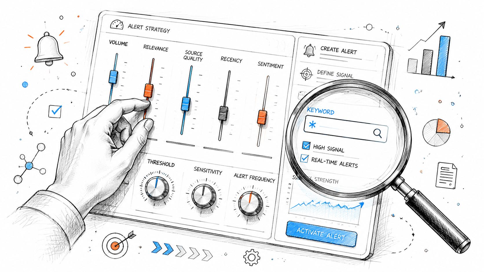 A hand adjusts a digital dashboard for managing custom alert strategies and real-time monitoring settings.