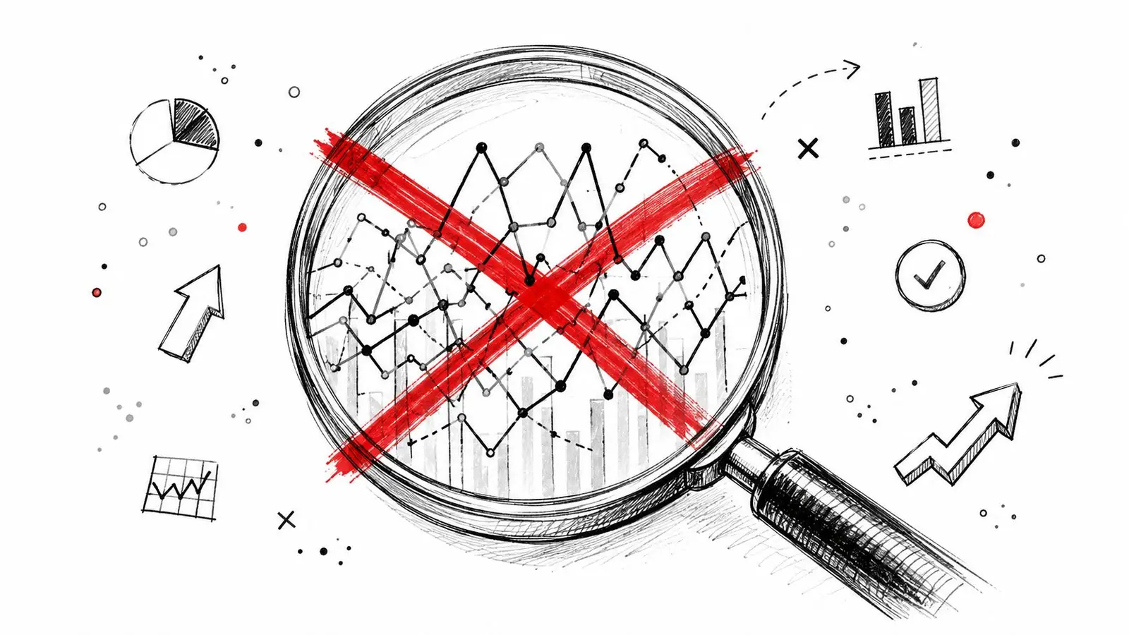 A magnifying glass inspecting data charts with a large red cross mark indicating prohibited or cancelled analysis.