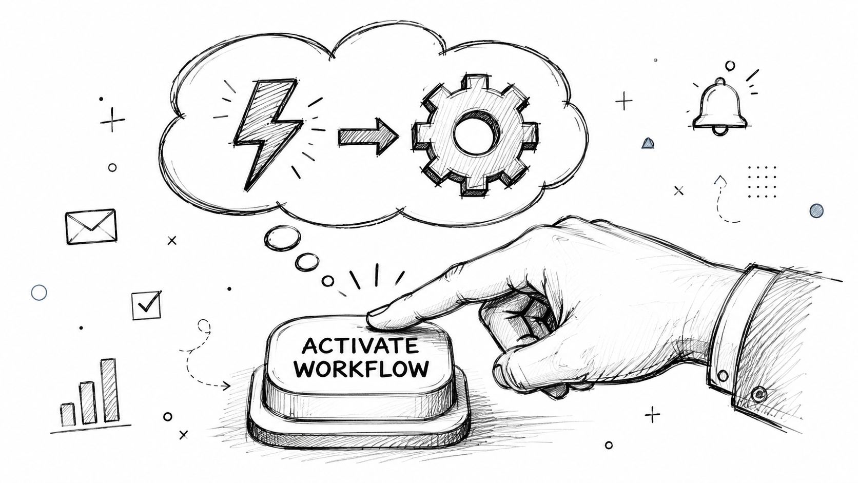 A hand pushing a button labeled Activate Workflow under a thought bubble showing lightning and gear icons.