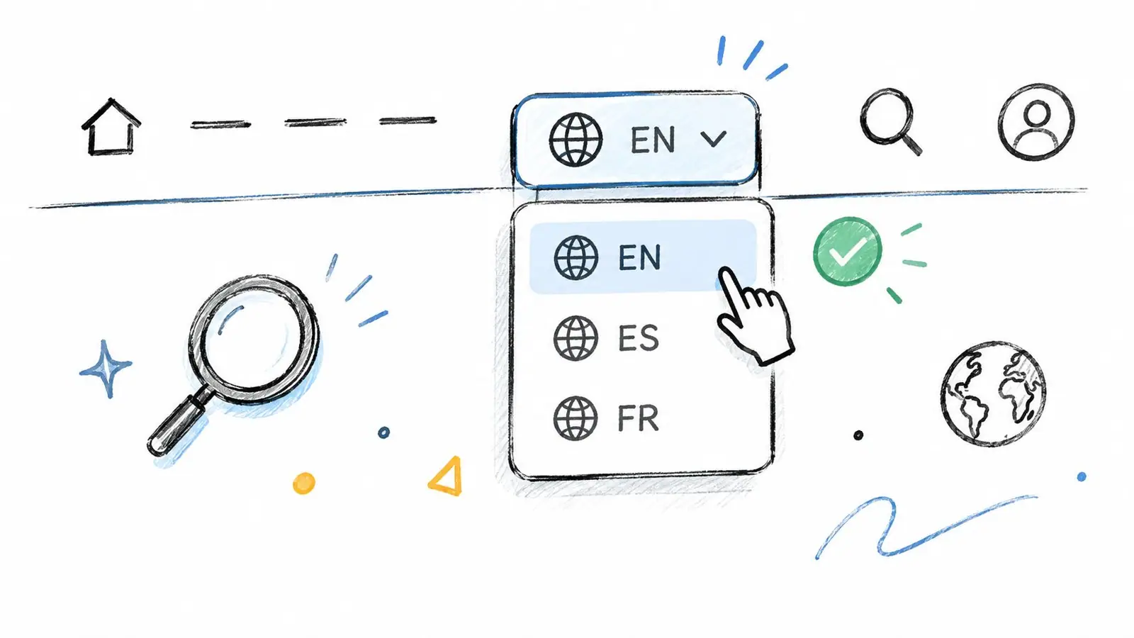 A hand cursor selecting an English language option from a dropdown menu on a website interface.