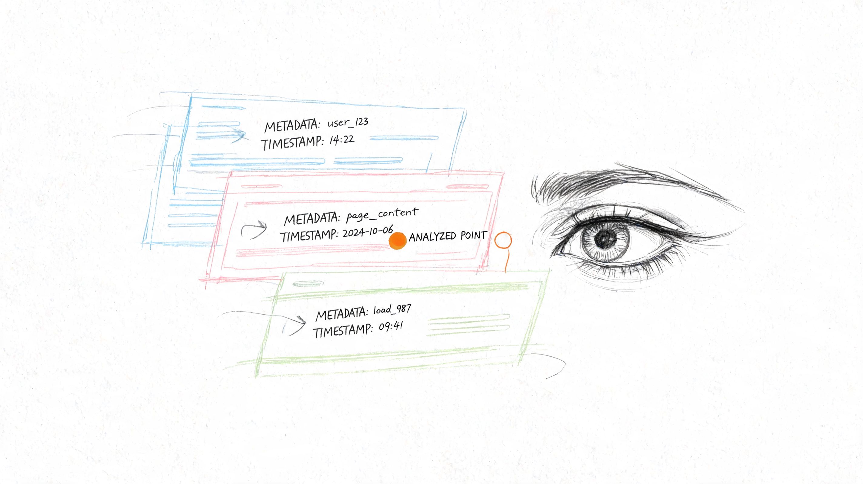 A conceptual sketch showing a human eye observing digital data cards with metadata and timestamp labels.