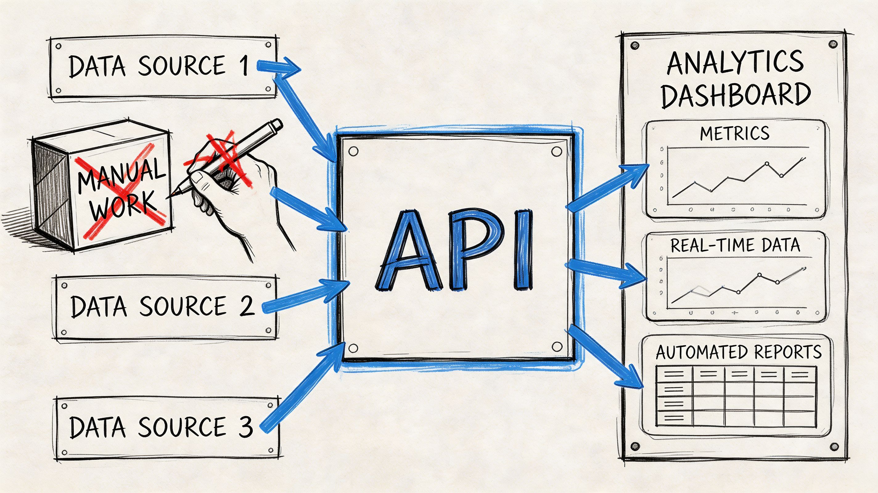 A hand-drawn illustration showing data sources flowing into an API to generate an automated analytics dashboard.