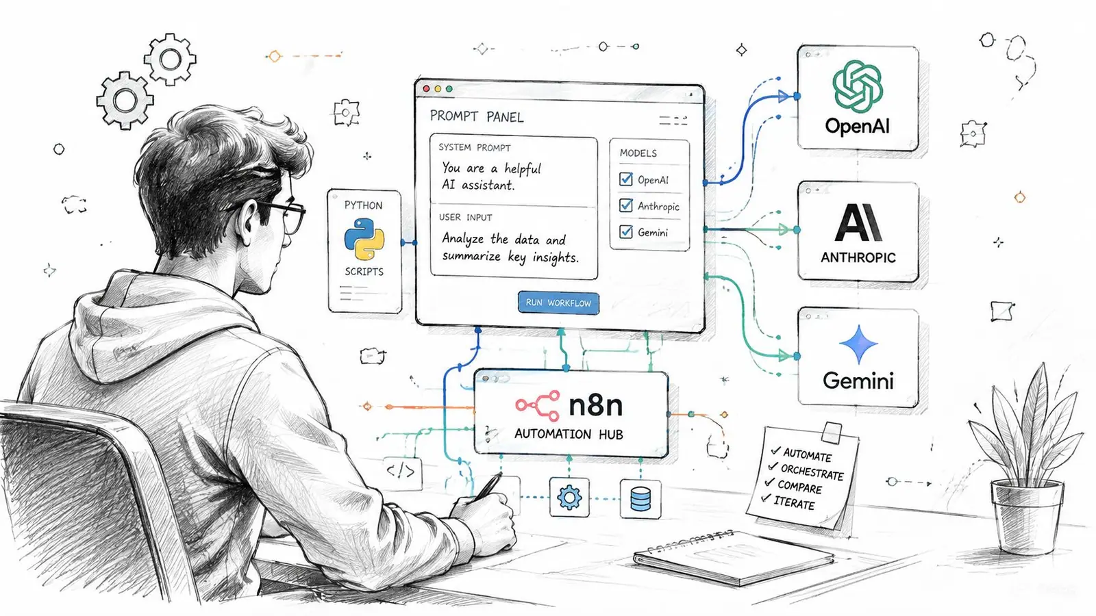 A digital illustration showing a developer using n8n automation hub to connect AI models like OpenAI, Anthropic, and Gemini.