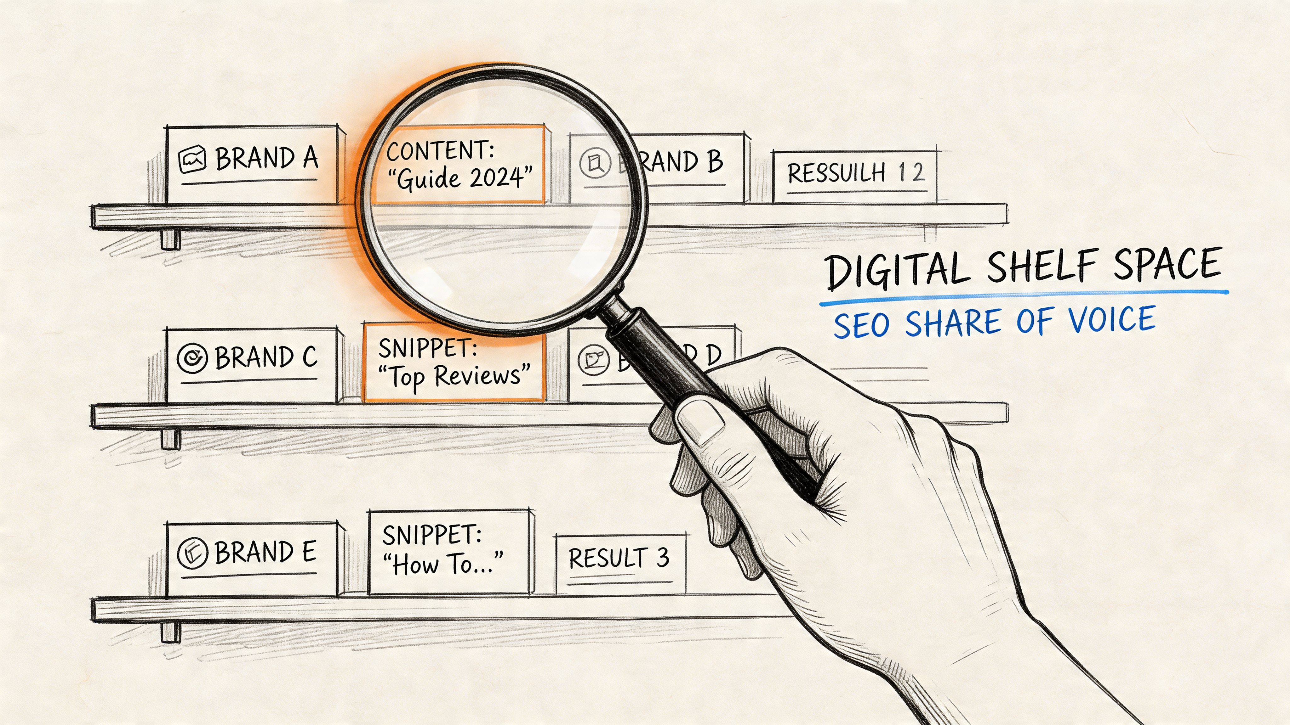 A hand holding a magnifying glass over search results on a shelf representing digital SEO presence.