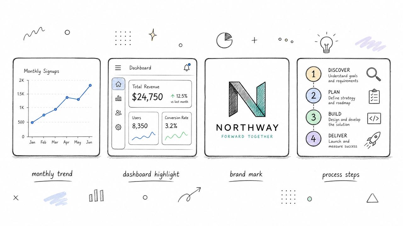 A hand-drawn infographic depicting business concepts including monthly signups, a dashboard, brand identity, and project process steps.