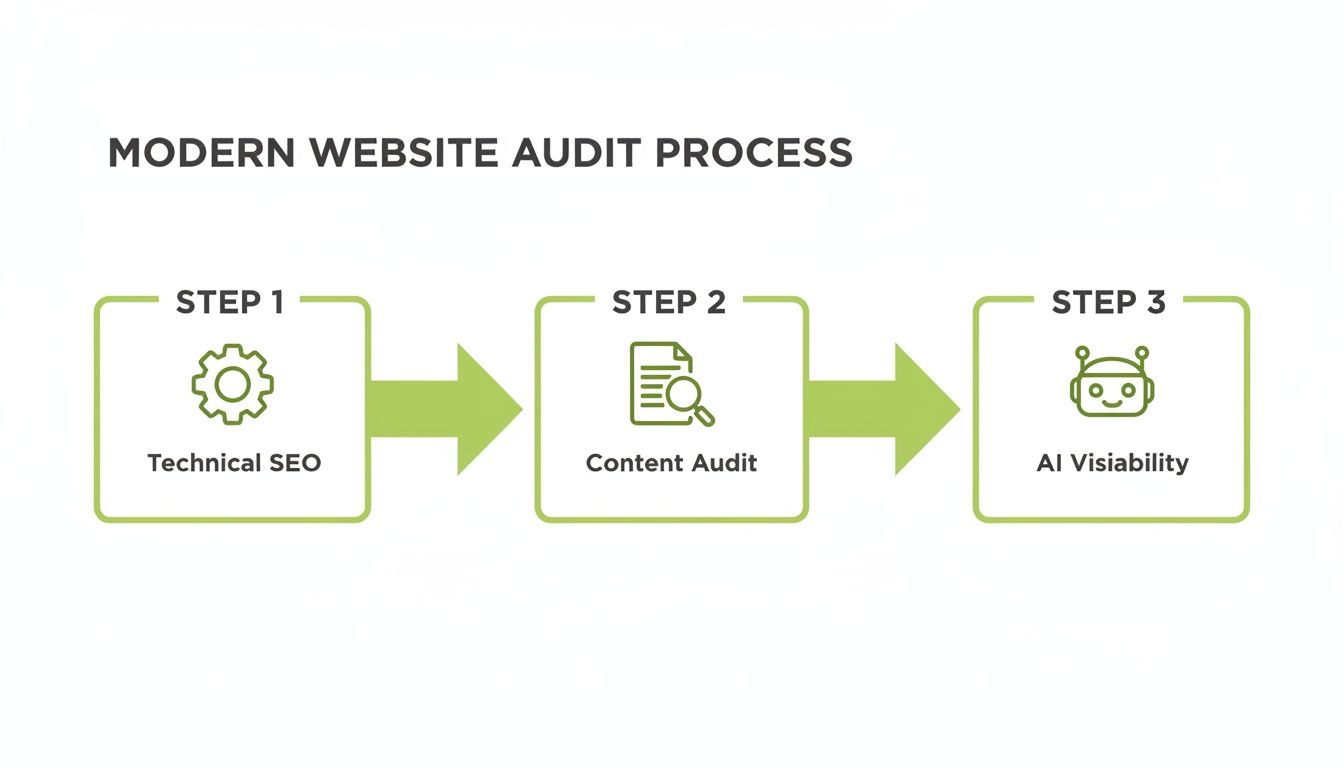 A three-step modern website audit process: Technical SEO, Content Audit, and AI Visibility.