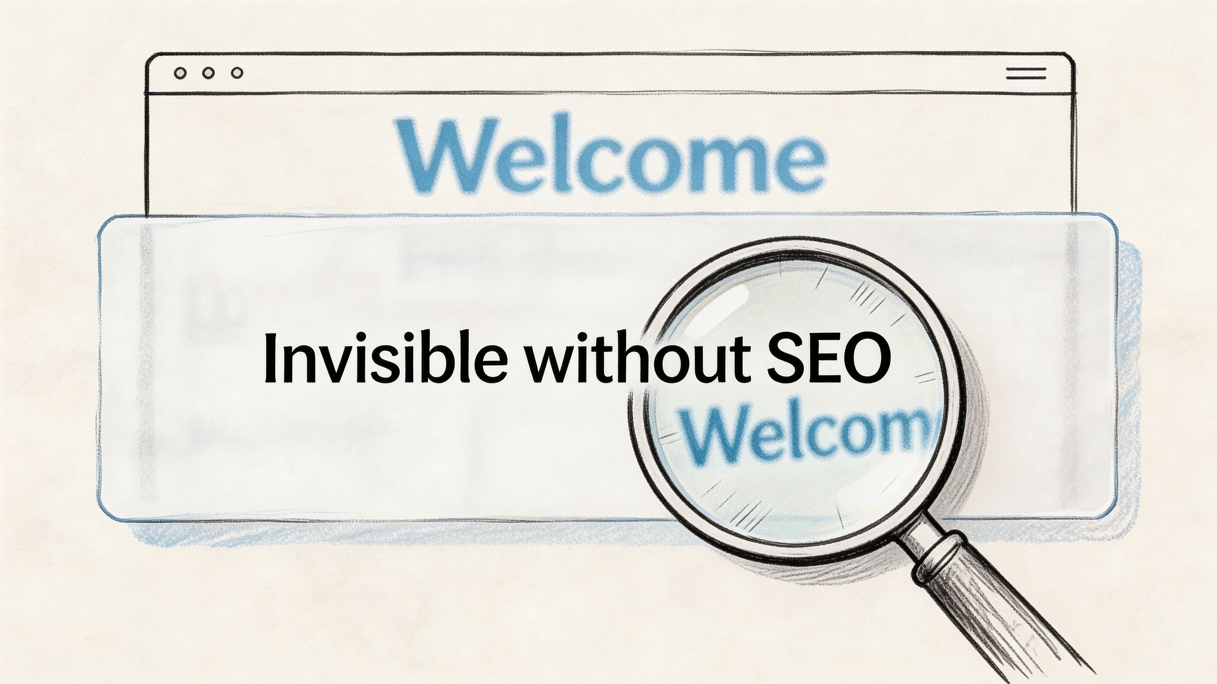 A magnifying glass reveals the word Welcome on a screen, representing the importance of SEO for visibility.