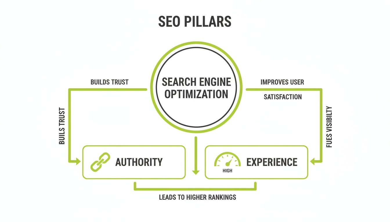 Diagram illustrating SEO pillars: Authority (builds trust) and Experience (improves satisfaction), leading to higher rankings.
