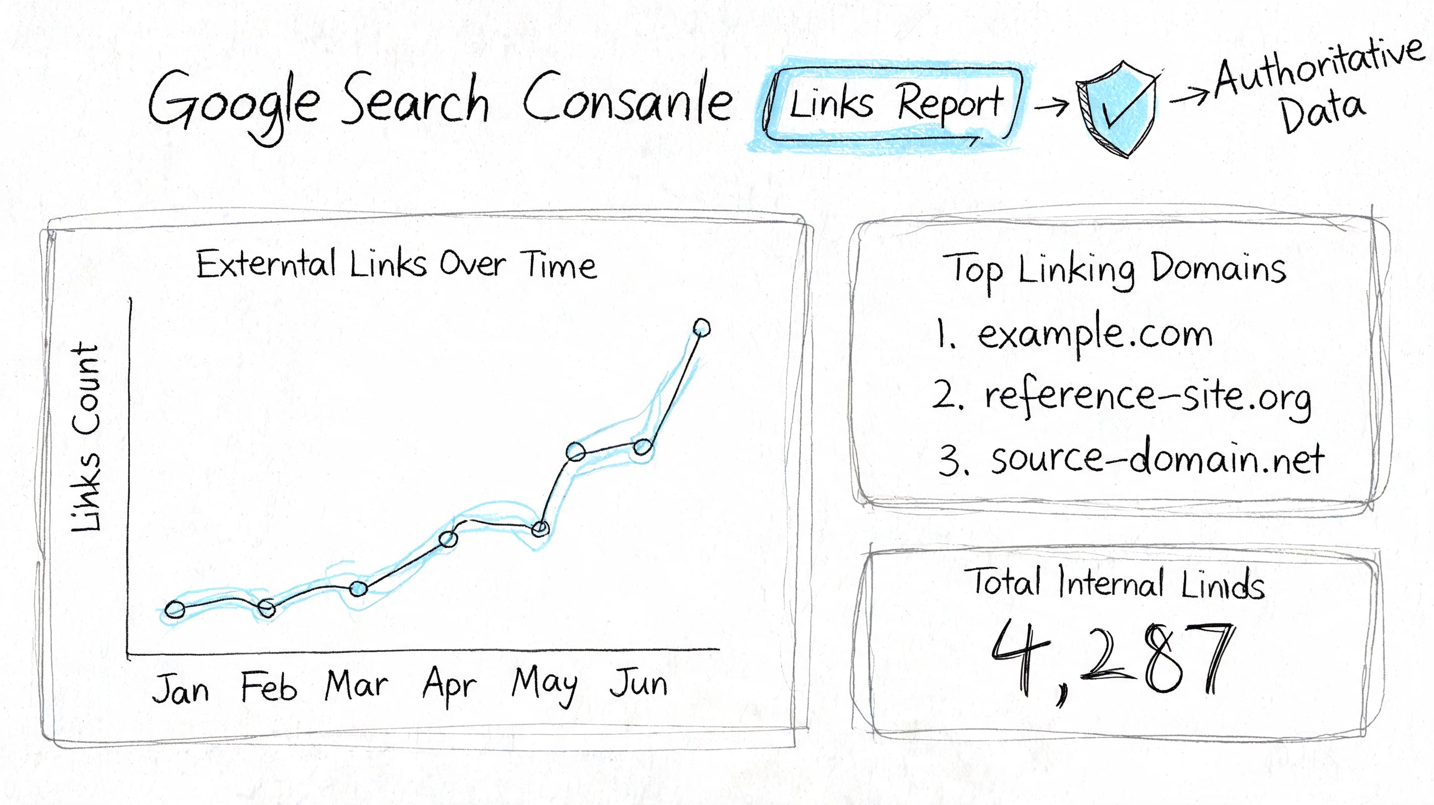A hand-drawn sketch of a Google Search Console links report showing an external links growth graph.