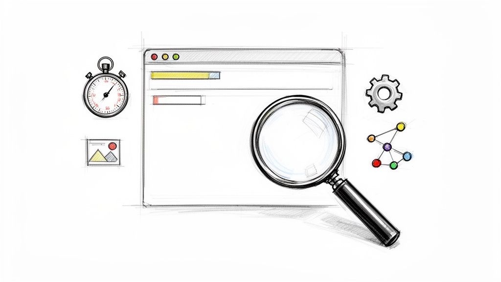 Sketch of web browser, magnifying glass, stopwatch, gear, and network nodes representing SEO analysis.
