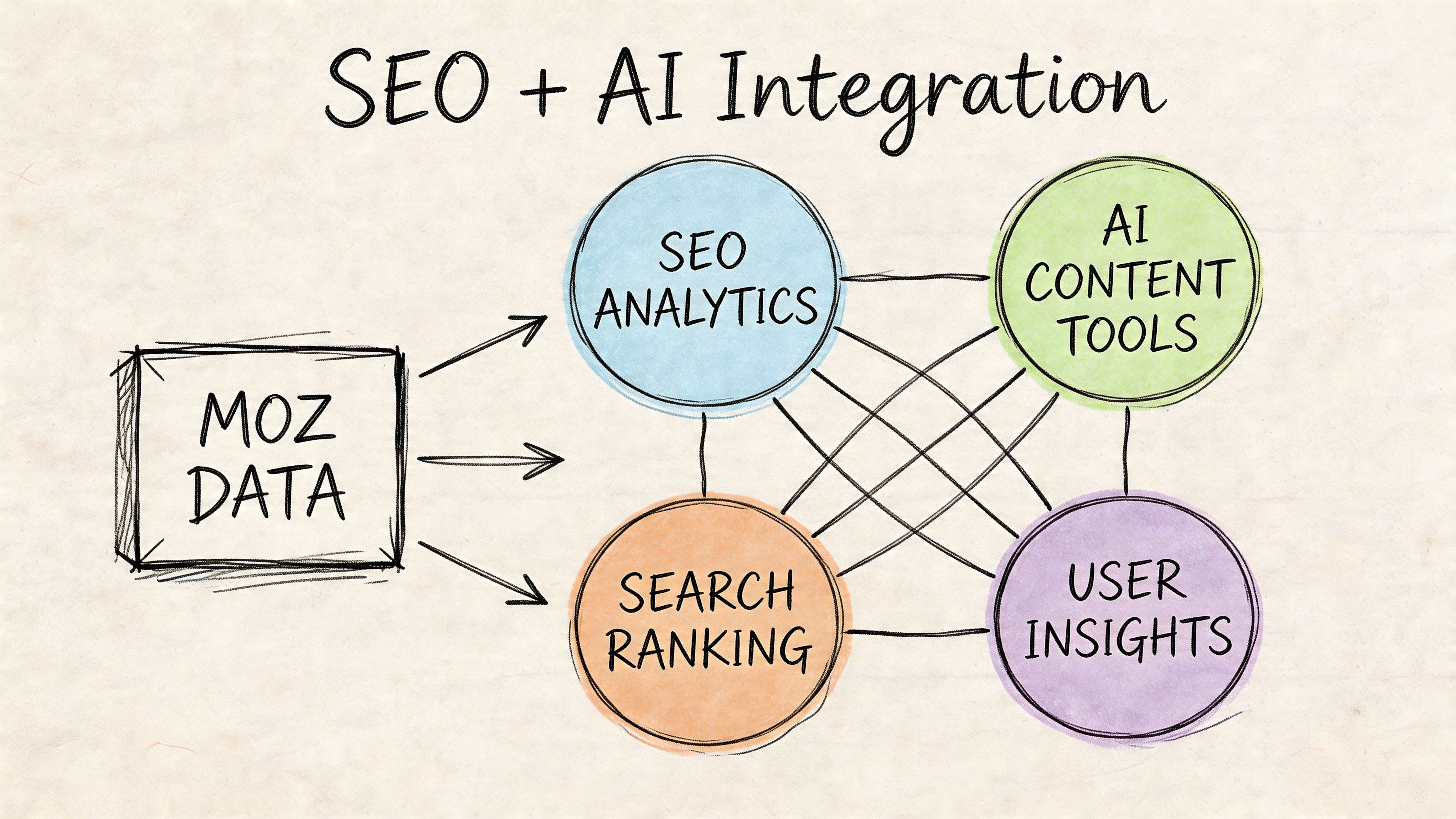 A diagram illustrating SEO and AI integration, showing Moz data connecting to analytics, tools, and rankings.