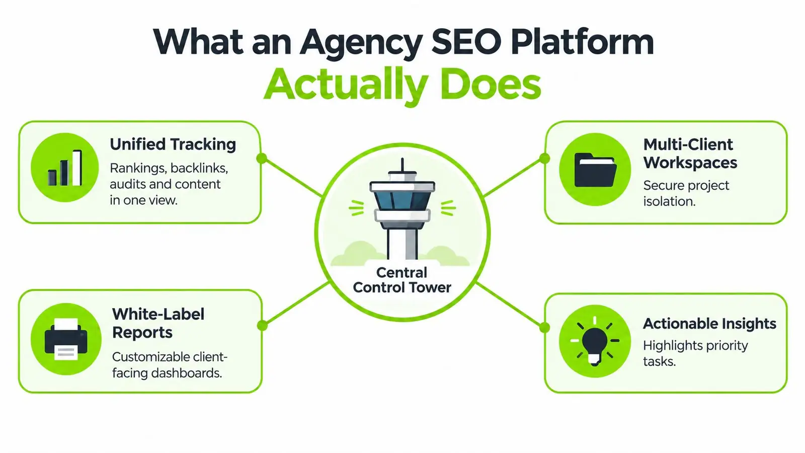 A diagram showing four key functions of an agency SEO platform including tracking, reporting, workspaces, and insights.