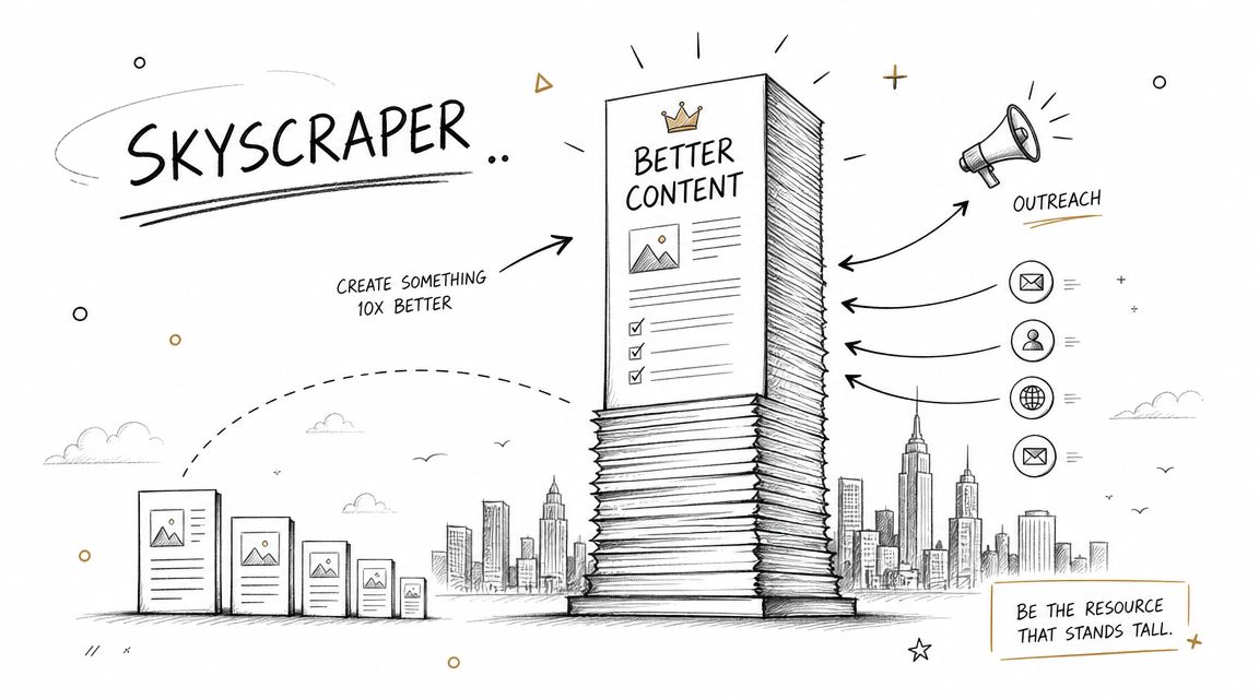 A hand-drawn illustration explaining the Skyscraper technique for creating better content and building effective SEO backlinks.