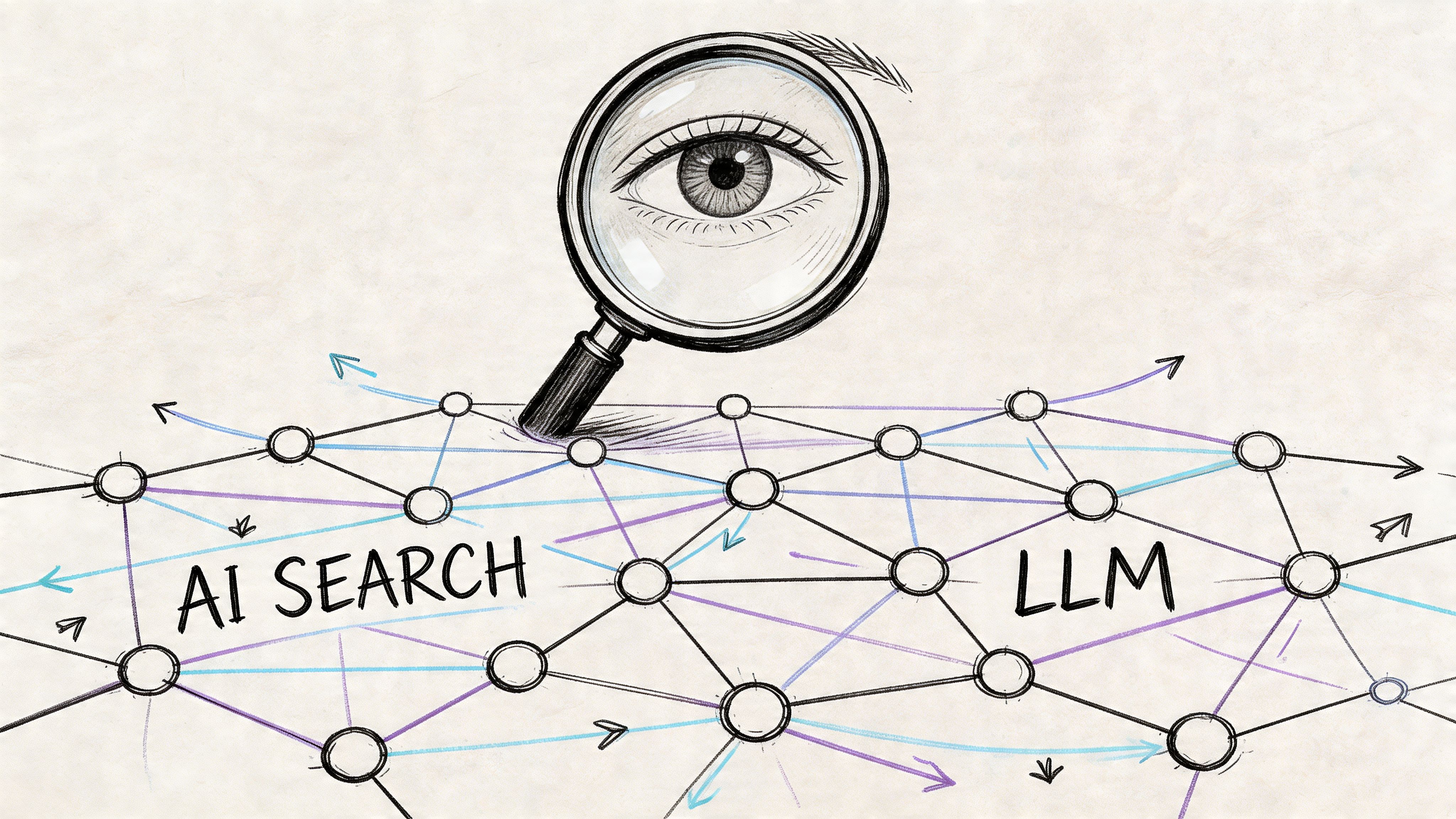 A conceptual hand-drawn illustration showing a magnifying glass examining a network of connected nodes labelled AI SEARCH and LLM.