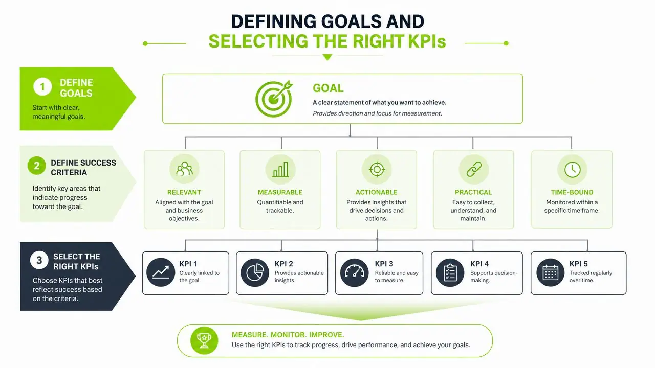 A structured flowchart showing the process of defining business goals and selecting the right KPIs for success.