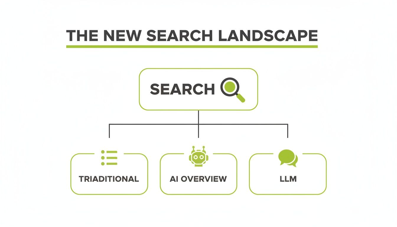 Flowchart showing the new search landscape, dividing search into traditional, AI overview, and LLM.