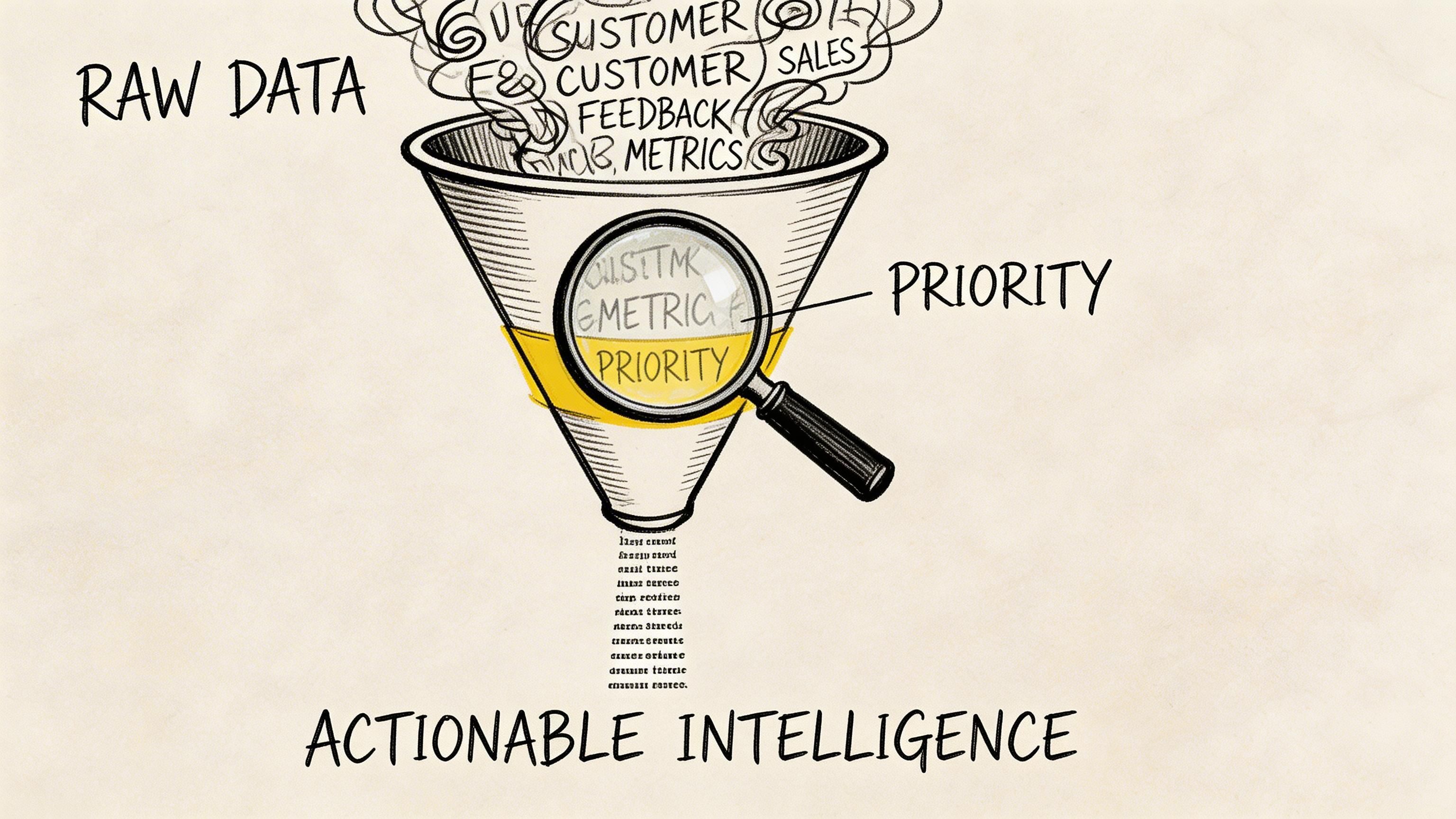A funnel illustration showing raw data being filtered into priority insights, resulting in actionable intelligence for businesses.