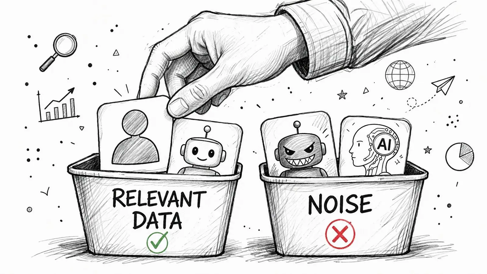 A hand sorting data cards labeled with human and robot icons into relevant and noise categories.