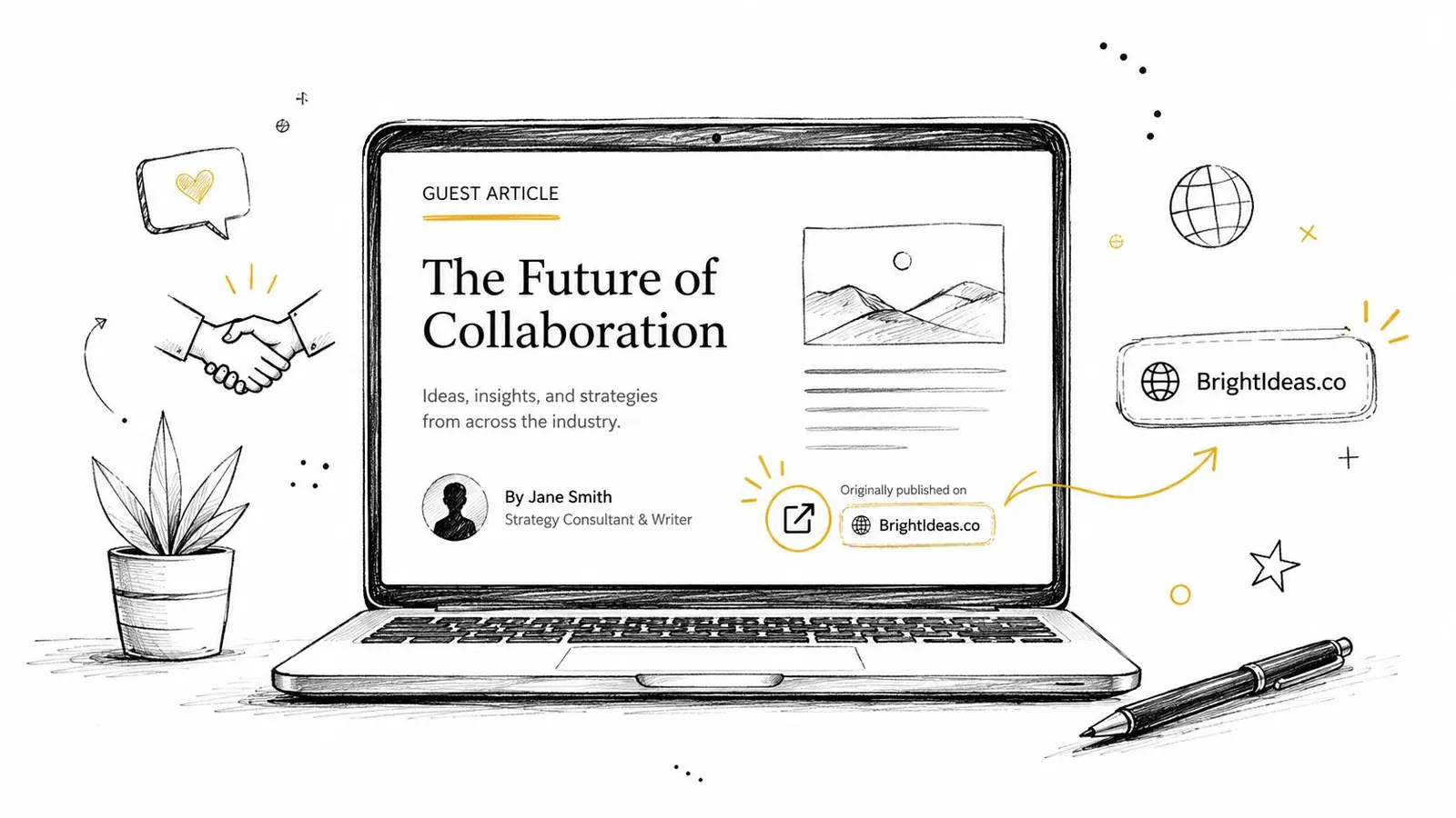 A hand-drawn illustration of a laptop displaying a guest article titled The Future of Collaboration.
