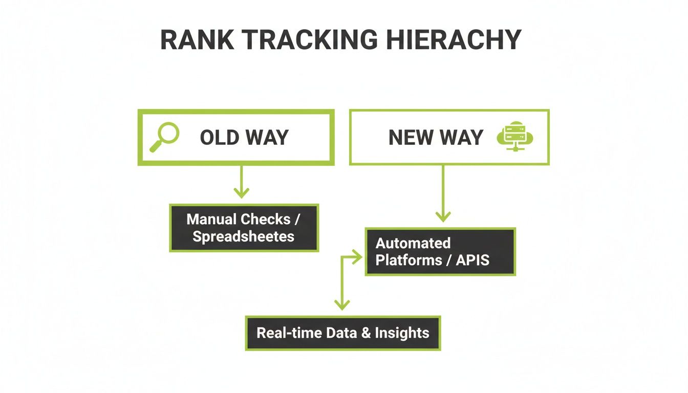 Diagram illustrating rank tracking hierarchy, comparing old manual methods with new automated platforms for real-time data.