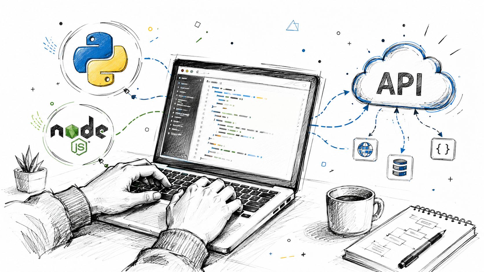 A person coding on a laptop with connections to programming languages, cloud API services, and databases.