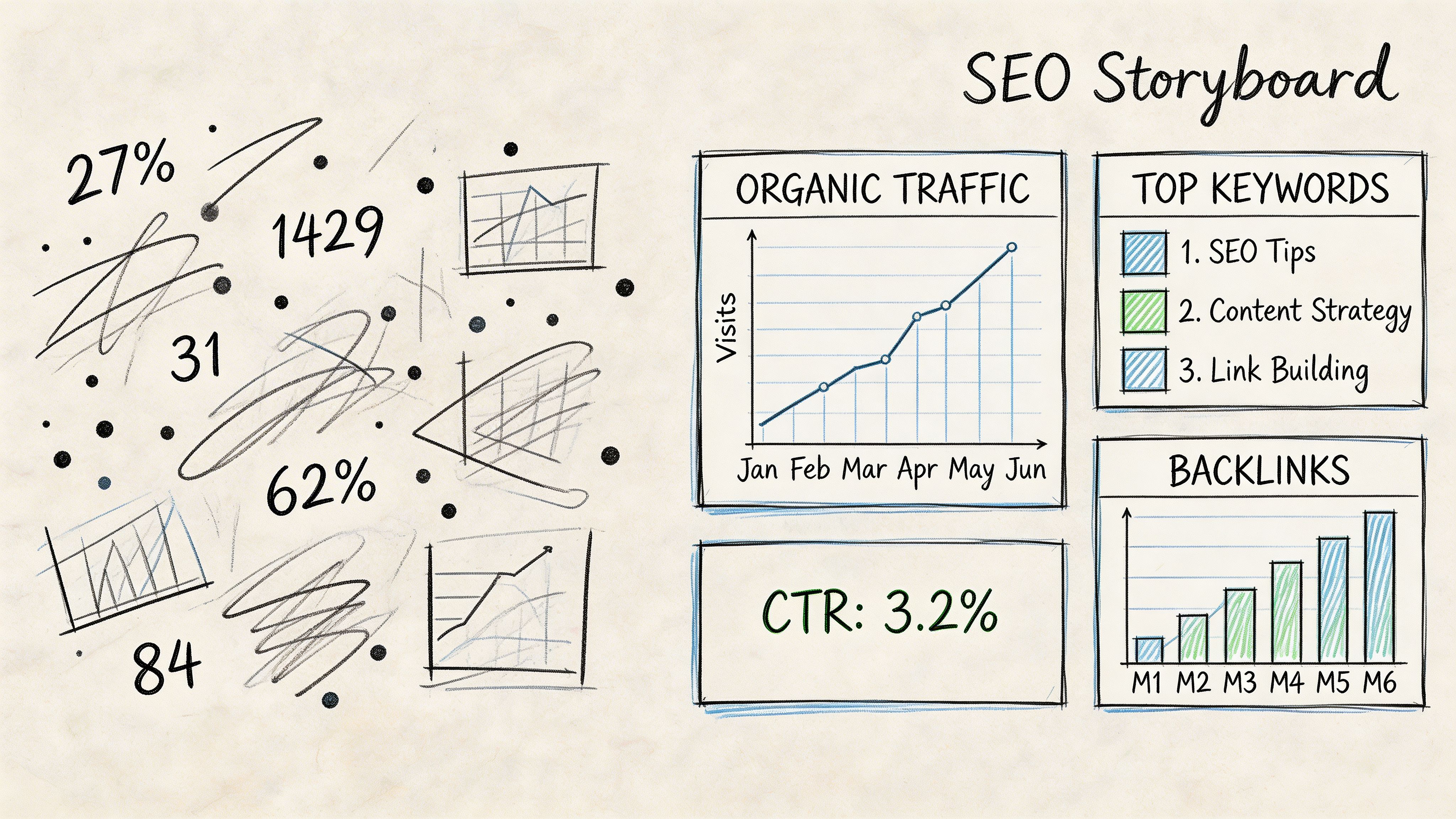 A hand-drawn SEO storyboard showing charts of organic traffic, keyword lists, backlinks, and performance percentages.